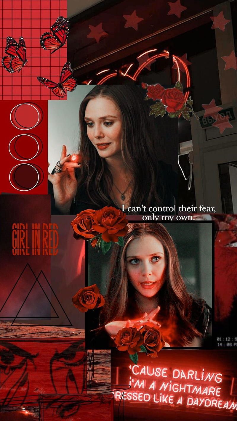 Red aesthetic background with Elizabeth Olsen as Wanda Maximoff from Marvel's WandaVision. - Captain America