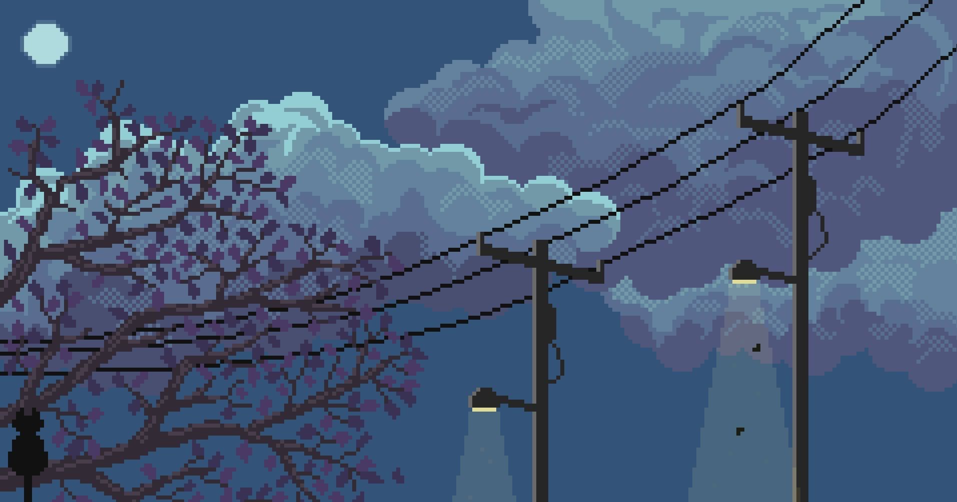 A night scene with power lines and a street light - HD, pixel art, sky