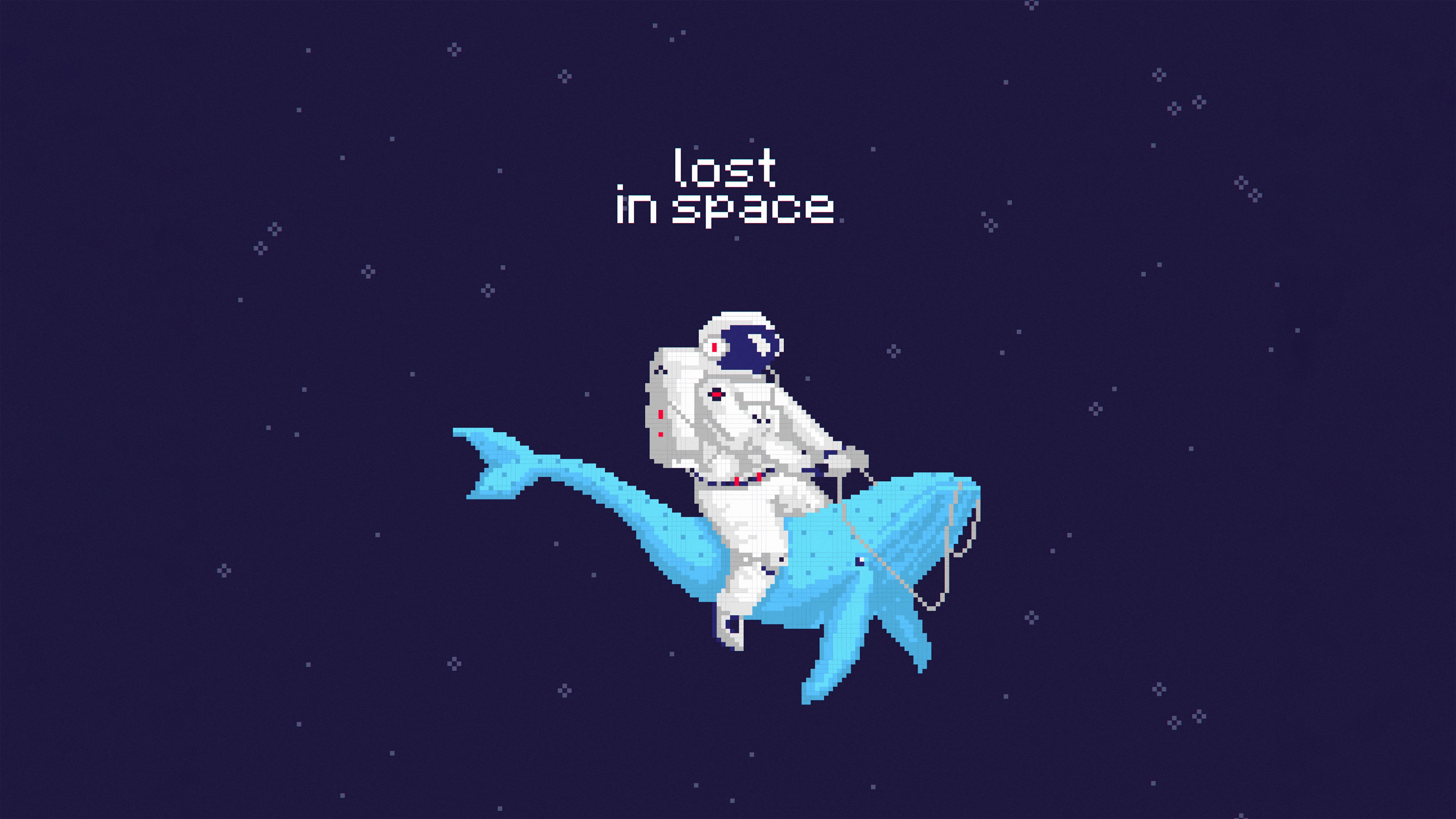 An astronaut is riding a whale in space. - Pixel art