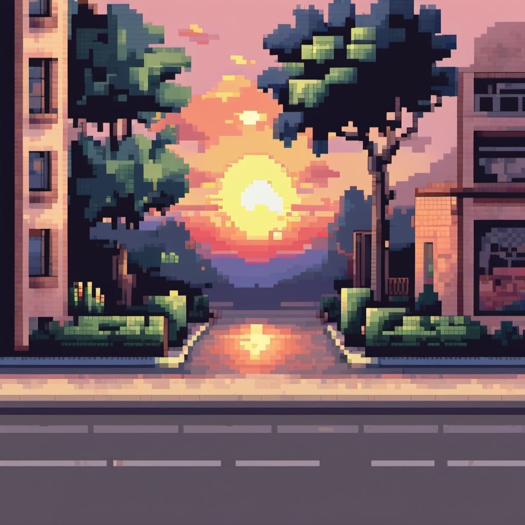 Pixel art of a street at sunset - Pixel art