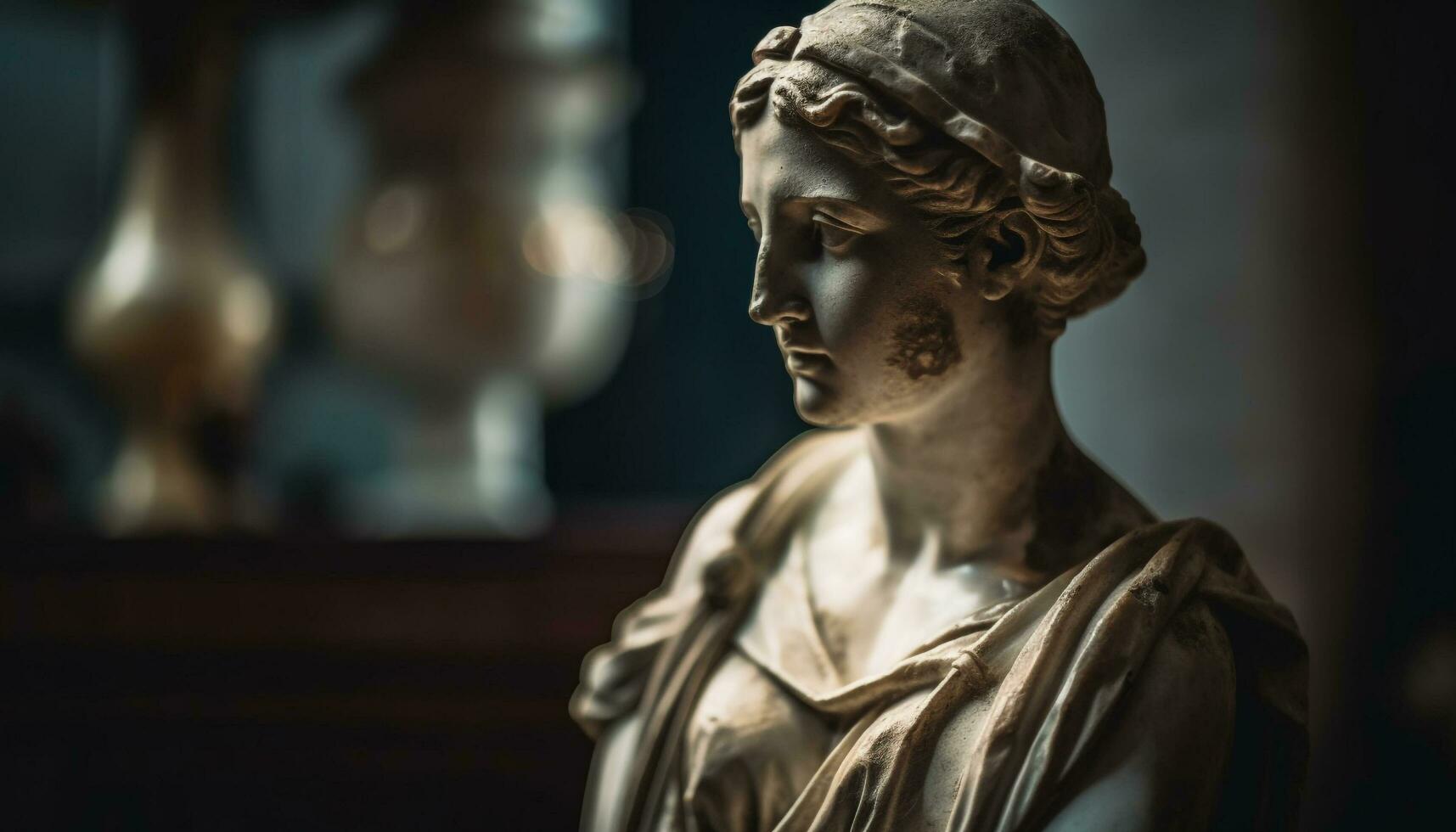 A marble bust of a woman with a furrowed brow. - Greek statue