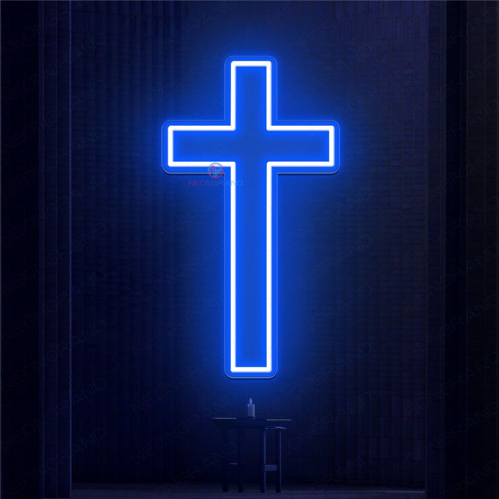 A blue neon cross on a wall - Cross