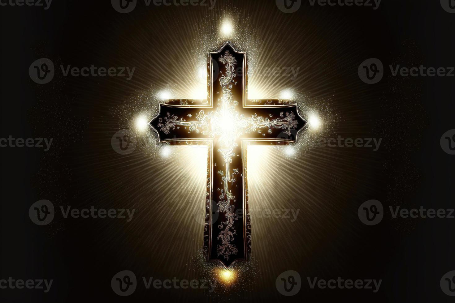 Religious cross in abstract wallpaper with shining gold sparkles and radiant lights. Symbolism of heaven or the resurrection