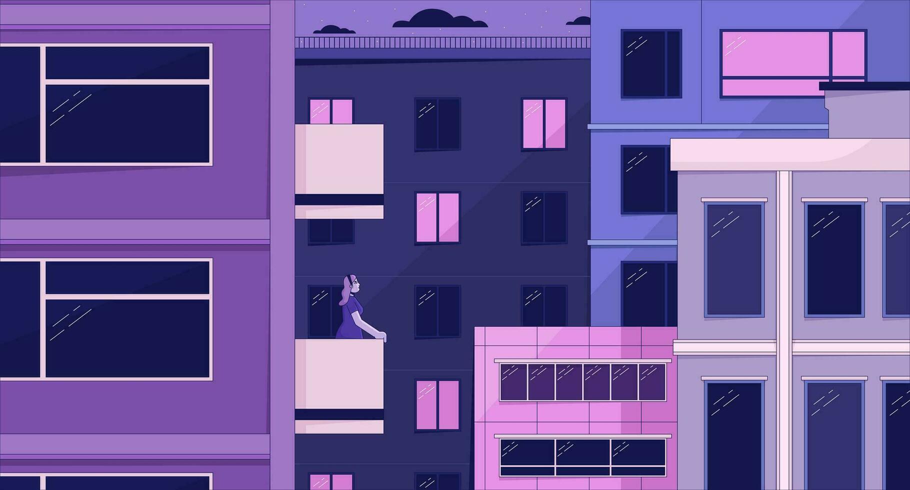 Old town lo fi aesthetic wallpaper. Night in the city. Skyscrapers. City buildings. Woman on balcony 2D vector cartoon exterior illustration, purple lofi background. 90s retro album art, chill vibes Vector