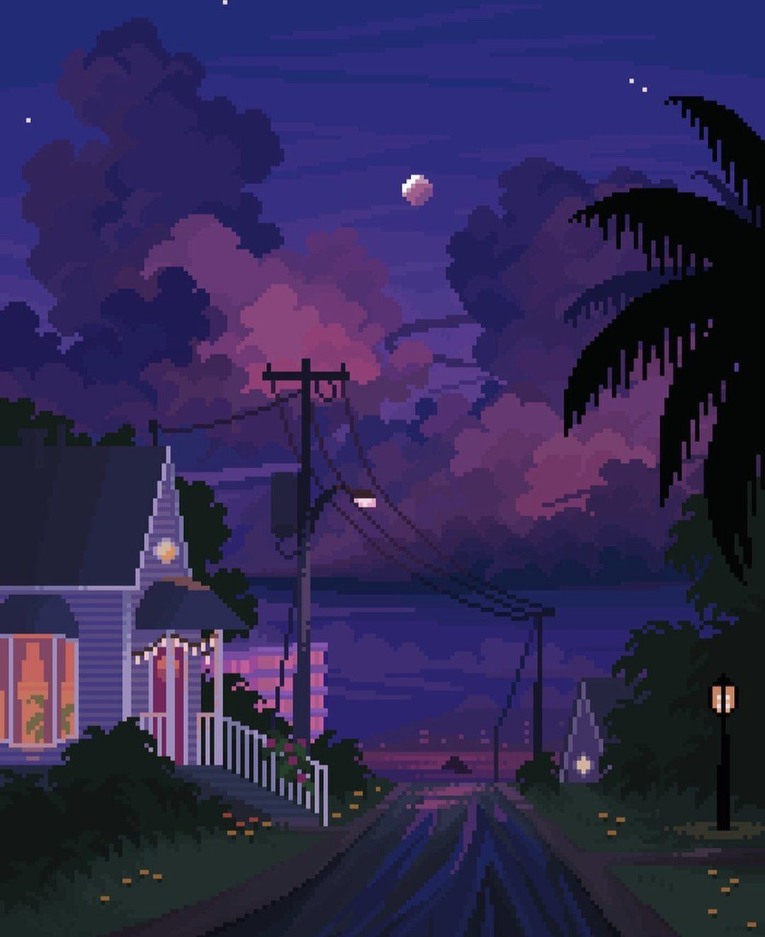 Pixel art of a house by the water with a purple sky - Pixel art