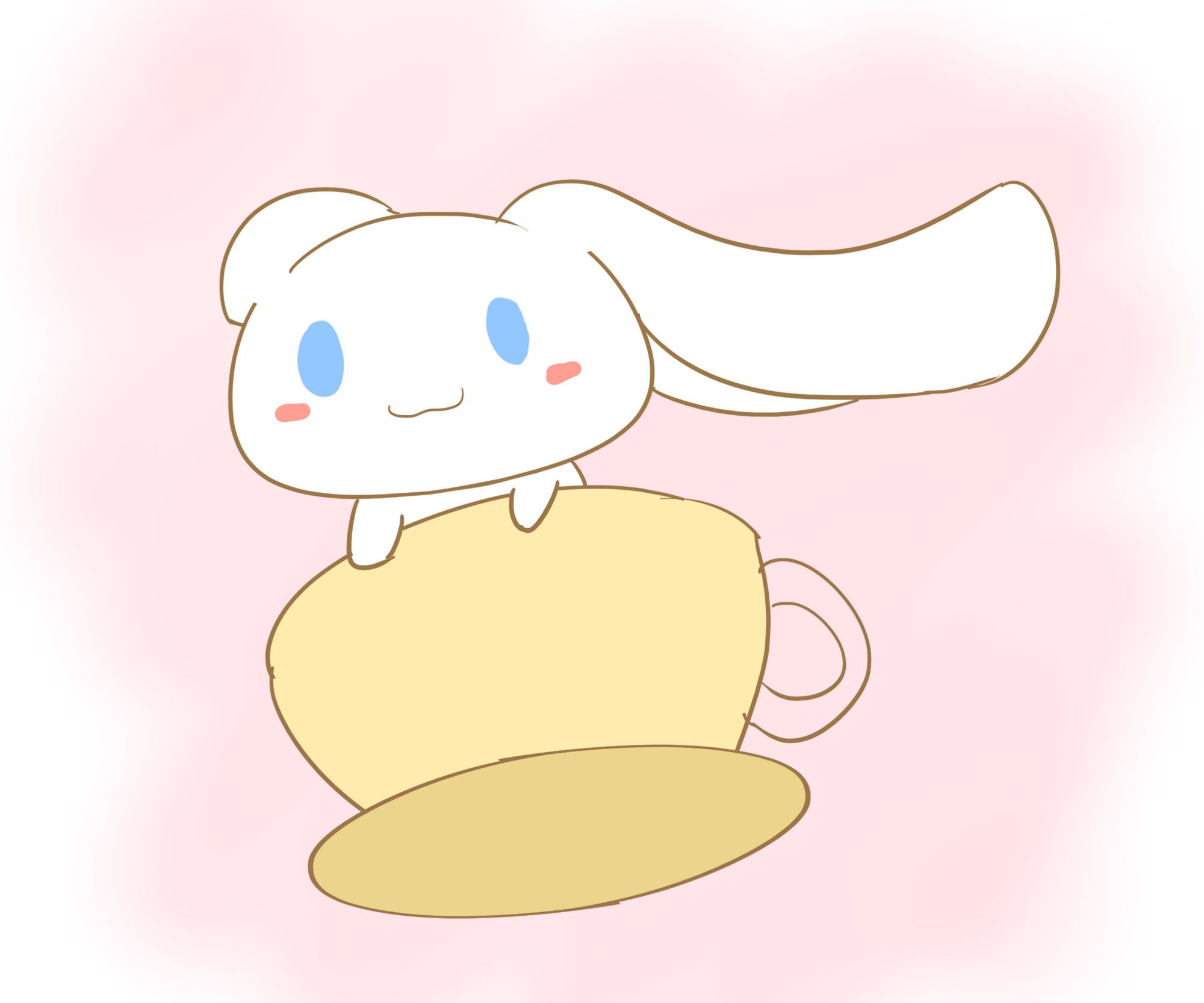 A cute white dog with a pink nose and blue eyes, sitting on top of a yellow teacup. - Cinnamoroll