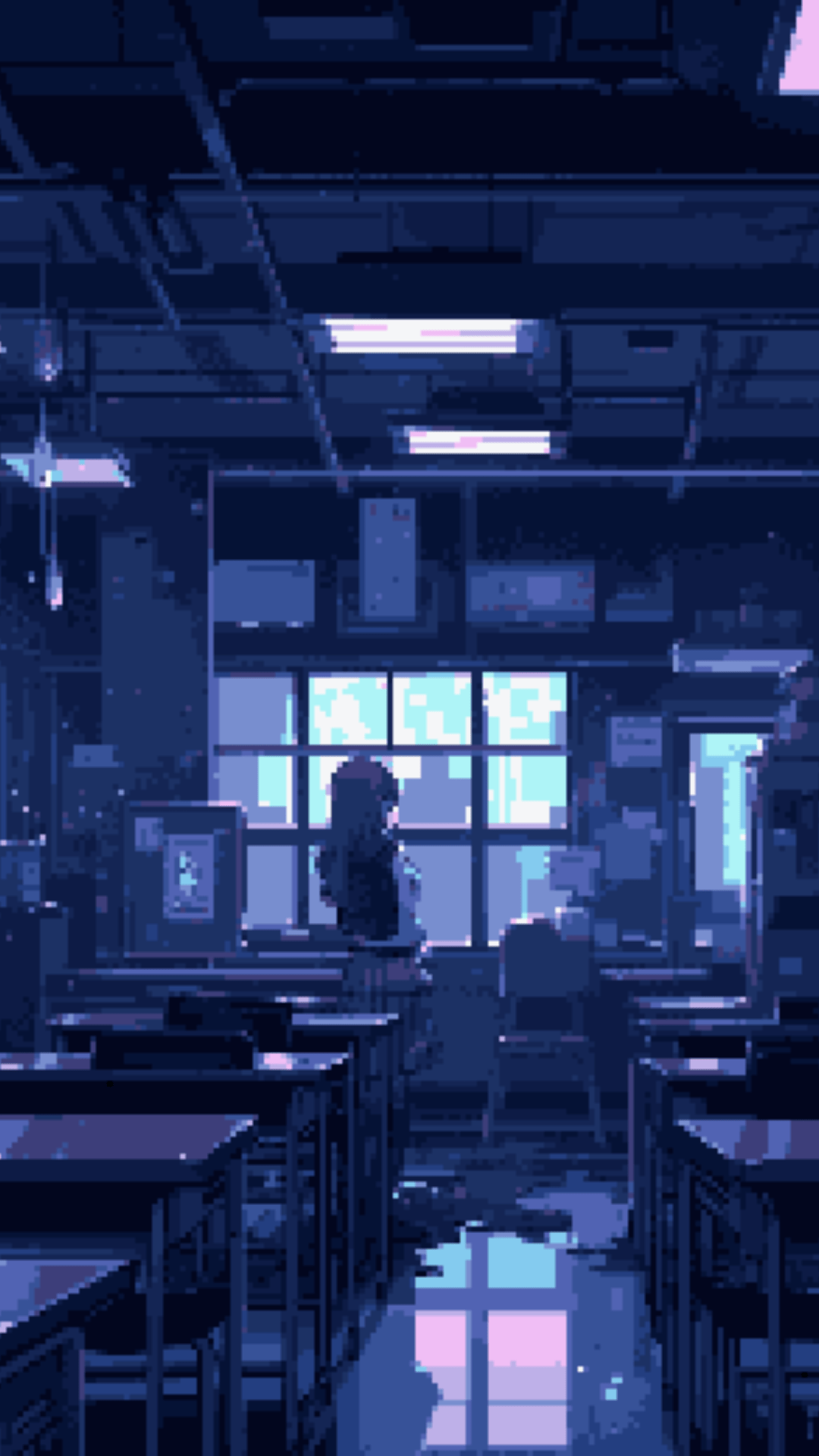 A girl walking in a dark school hallway with a backpack on - Pixel art