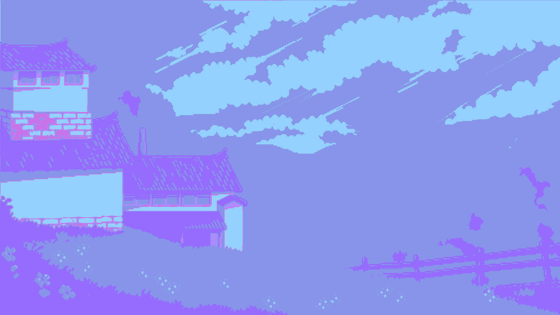 A pixel art image of a purple and blue house with a red roof - Pixel art