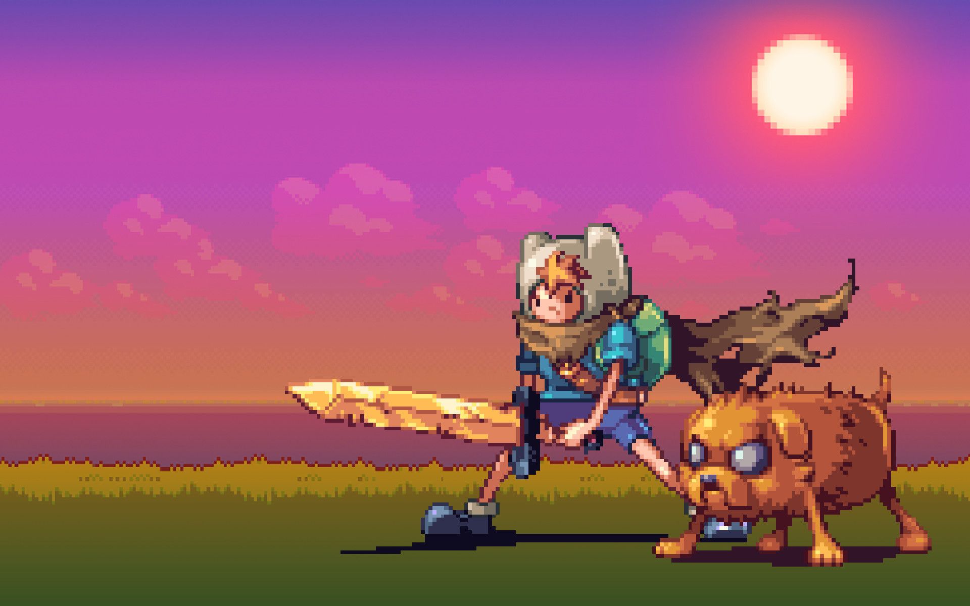Finn and Jake are ready to take on the world in this pixel art wallpaper. - Pixel art