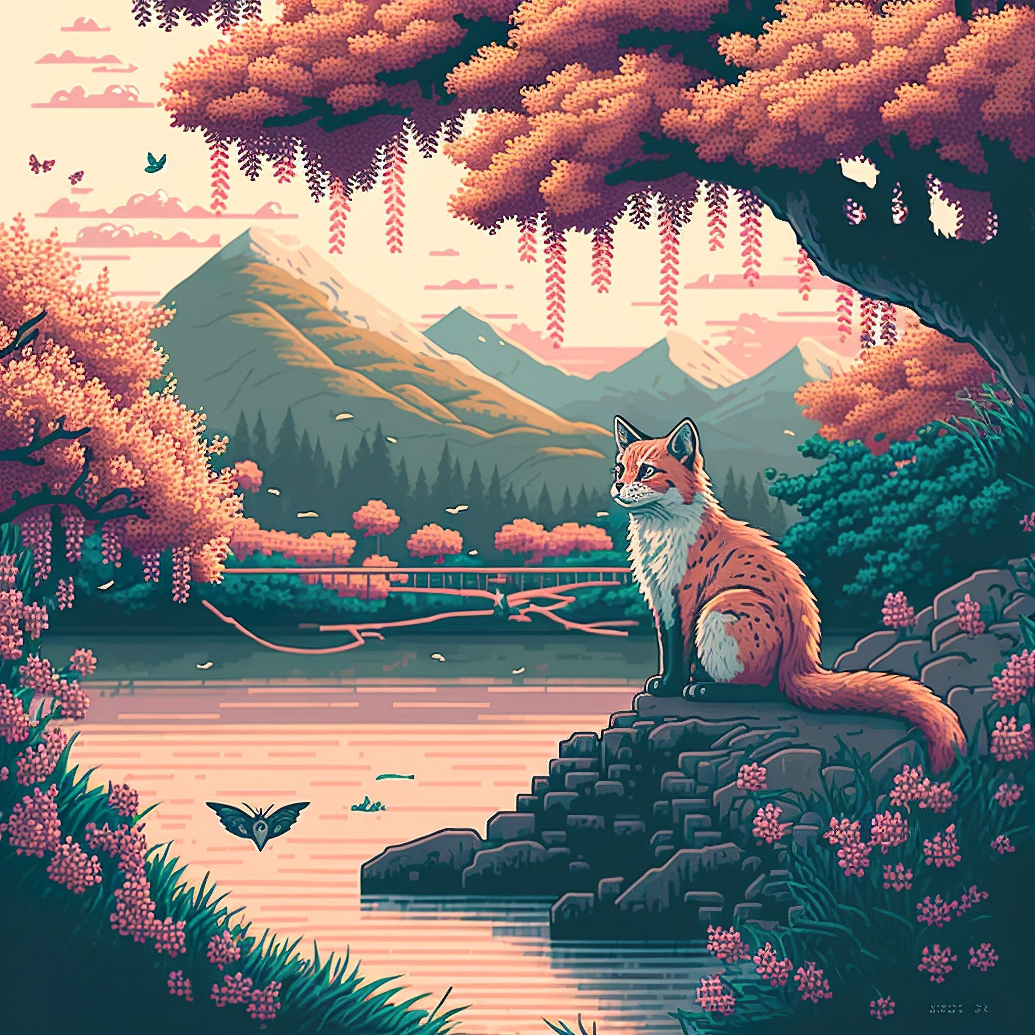 A digital painting of a fox sitting on a rock near a lake - Pixel art