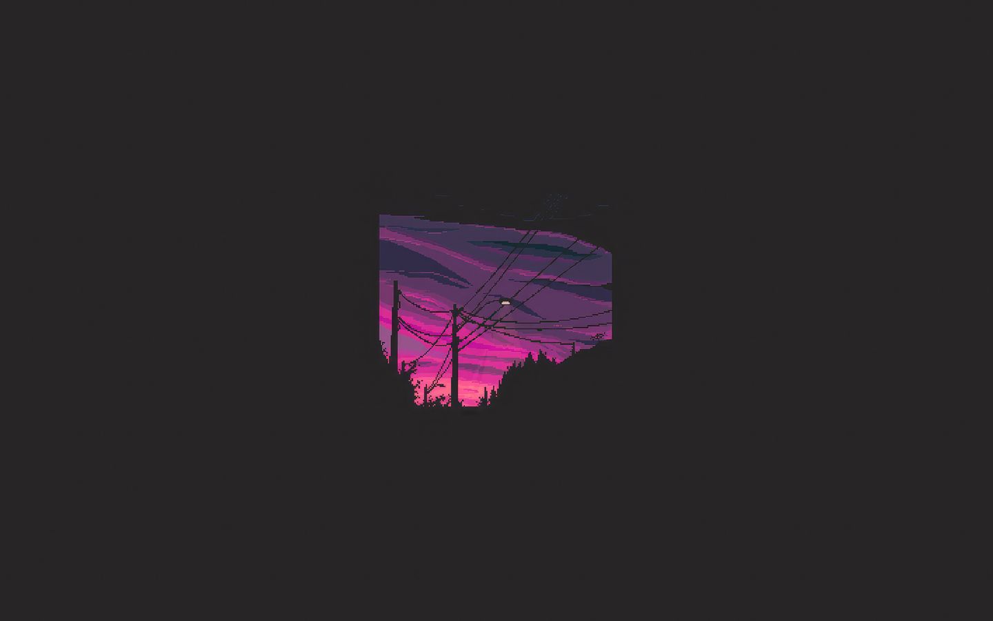 A pink and purple sunset with power lines in the foreground - Pixel art