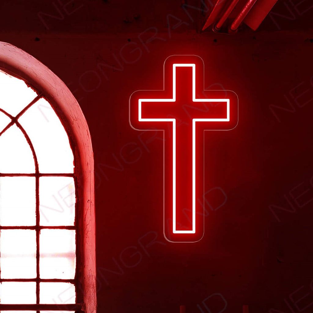 A red neon cross on a red wall in a church. - Cross