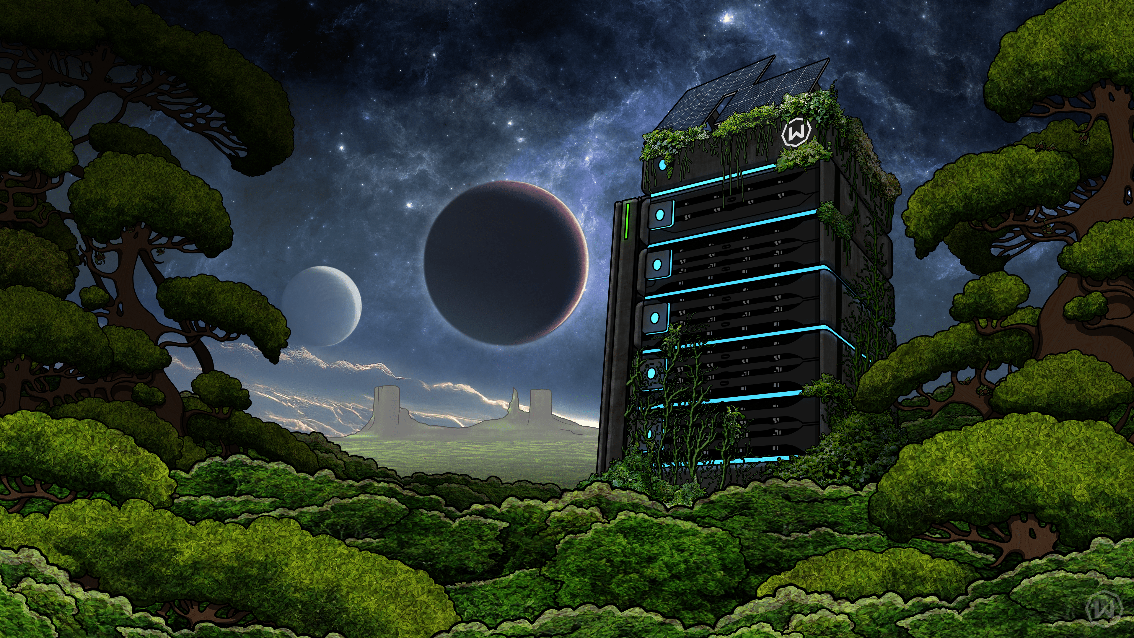 A render of a large data center, covered in plants, with a planet in the background. - Pixel art