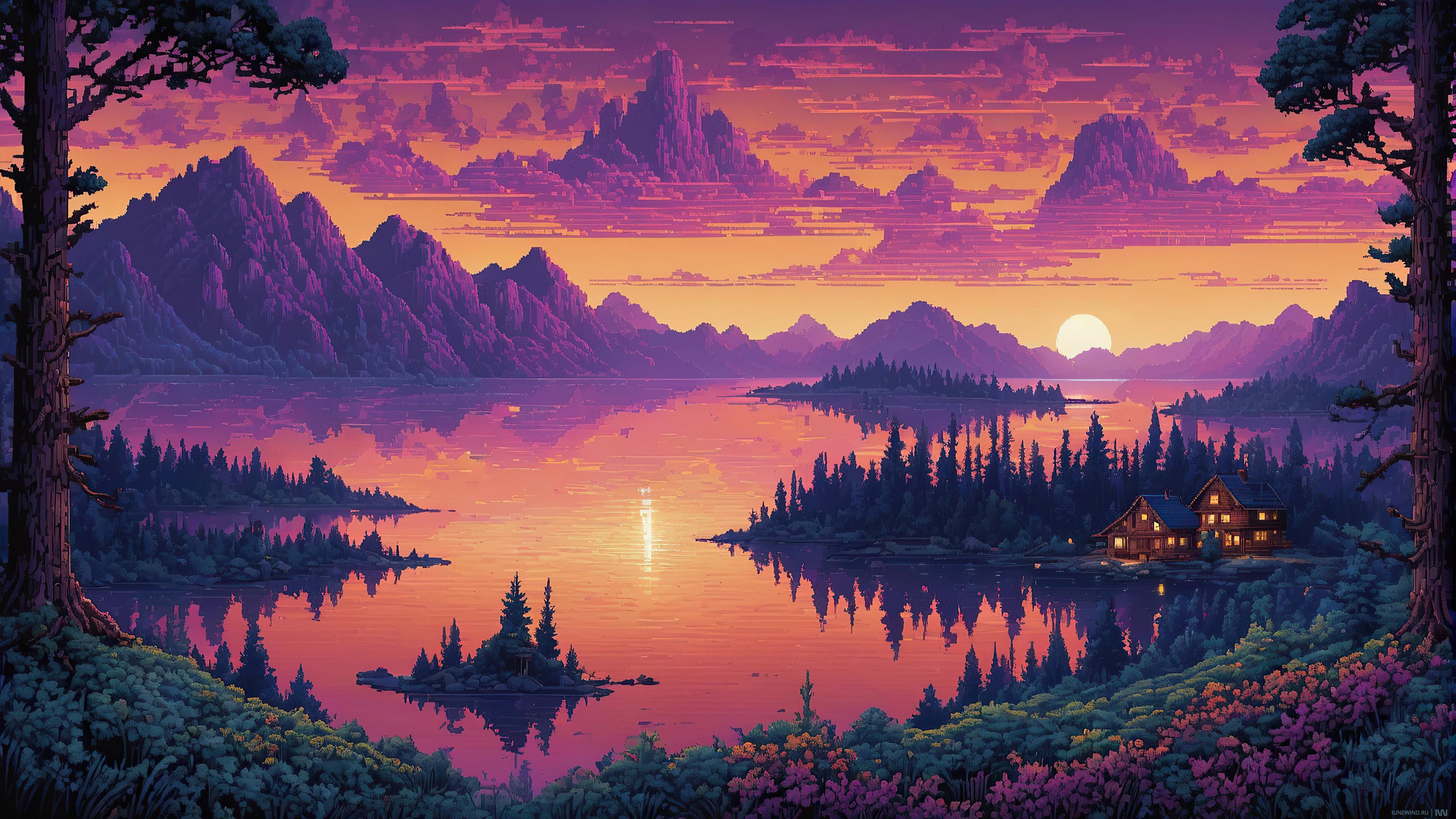 Pixel Lakes, Sunny And Sunset Art Landscape Series [3840x2160]