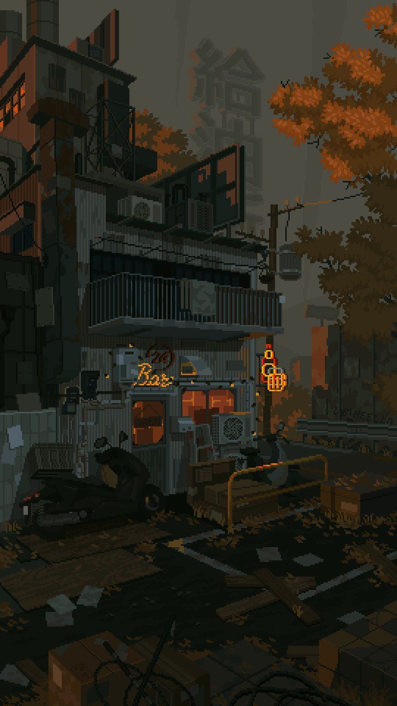 A pixelated image of a post-apocalyptic city - Pixel art