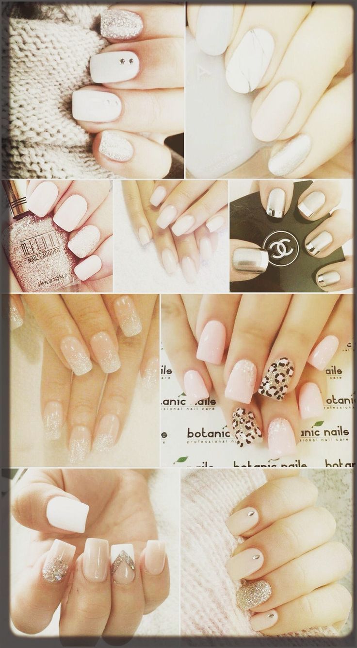 Collage of photos of different nail designs including white, glitter and animal print - Nails