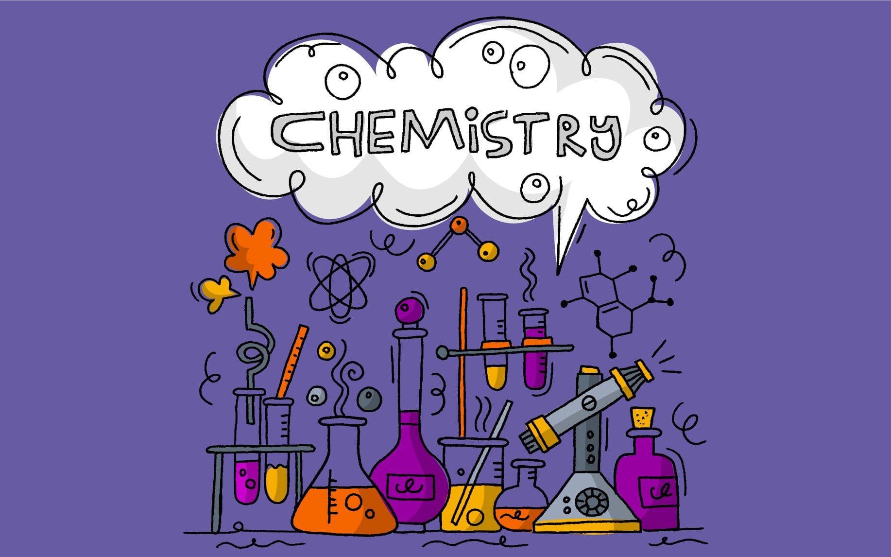 A speech bubble above a variety of chemistry equipment with the word chemistry inside - Chemistry