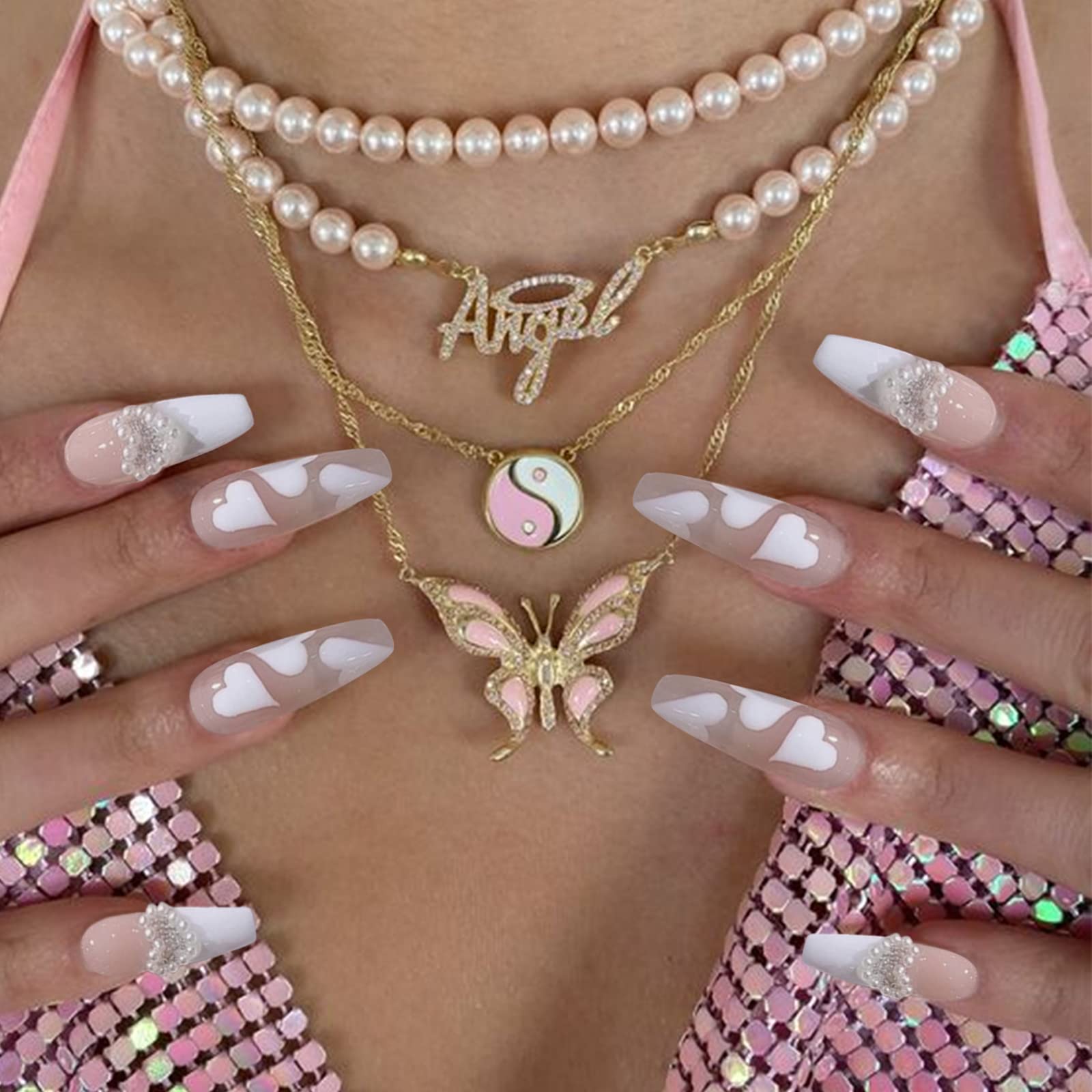 QINGGE Pink French Tip Press on Nails Long Coffin Fake Nails with White Pearl Heart Bow Silver Glitter Design Elegant Stick on Nails Glue on Nails Glossy Acrylic Nails False Nails