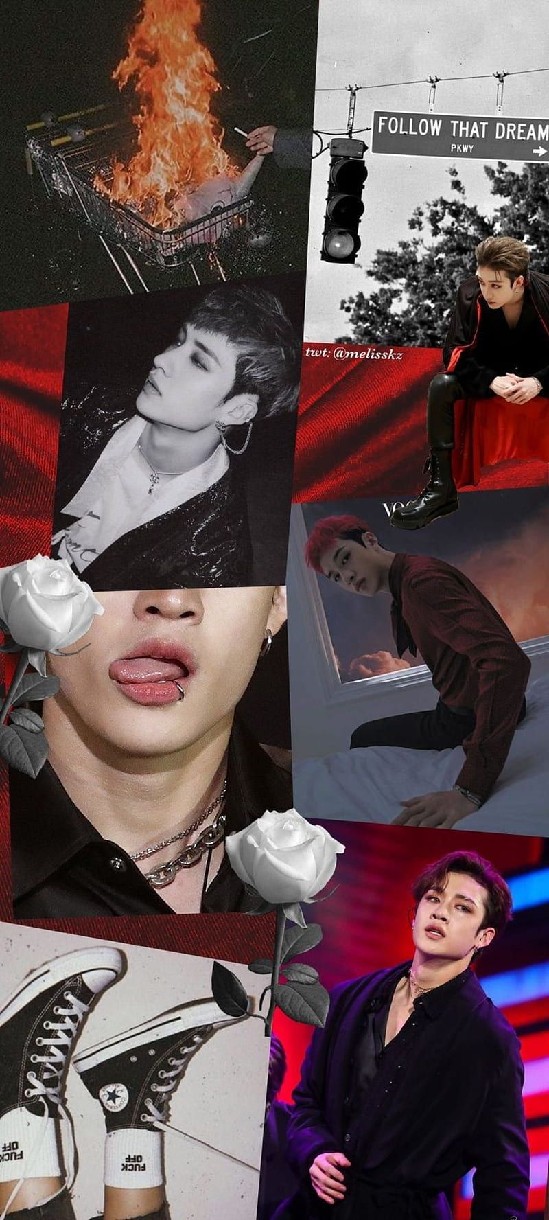 A collage of images of the K-pop group NCT 127, with images of members in black and white and red. - Bang Chan