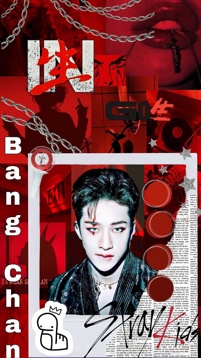 A collage of Bang Chan from Stray Kids with a red aesthetic - Bang Chan