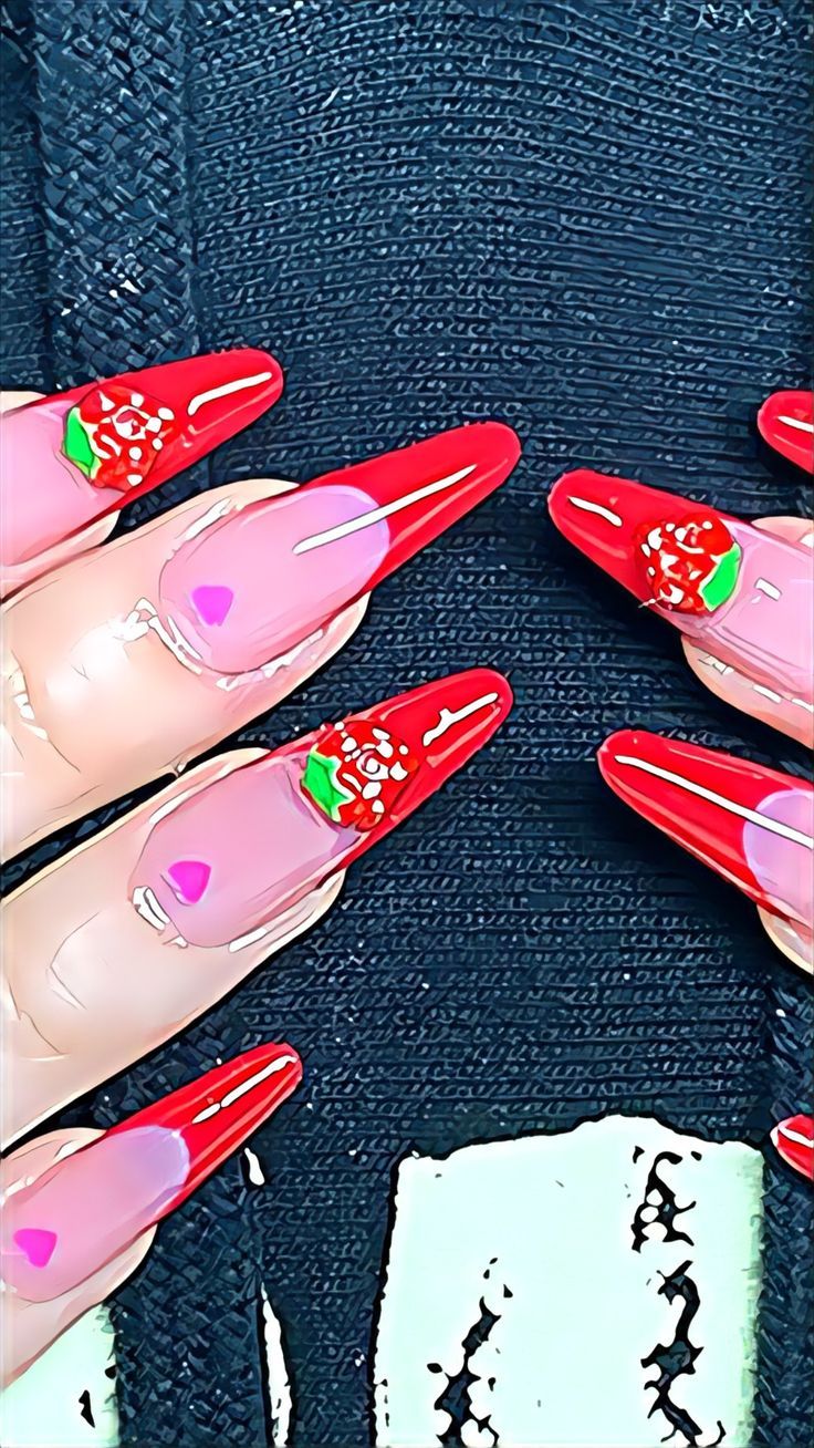 Red nails with strawberries on them - Nails