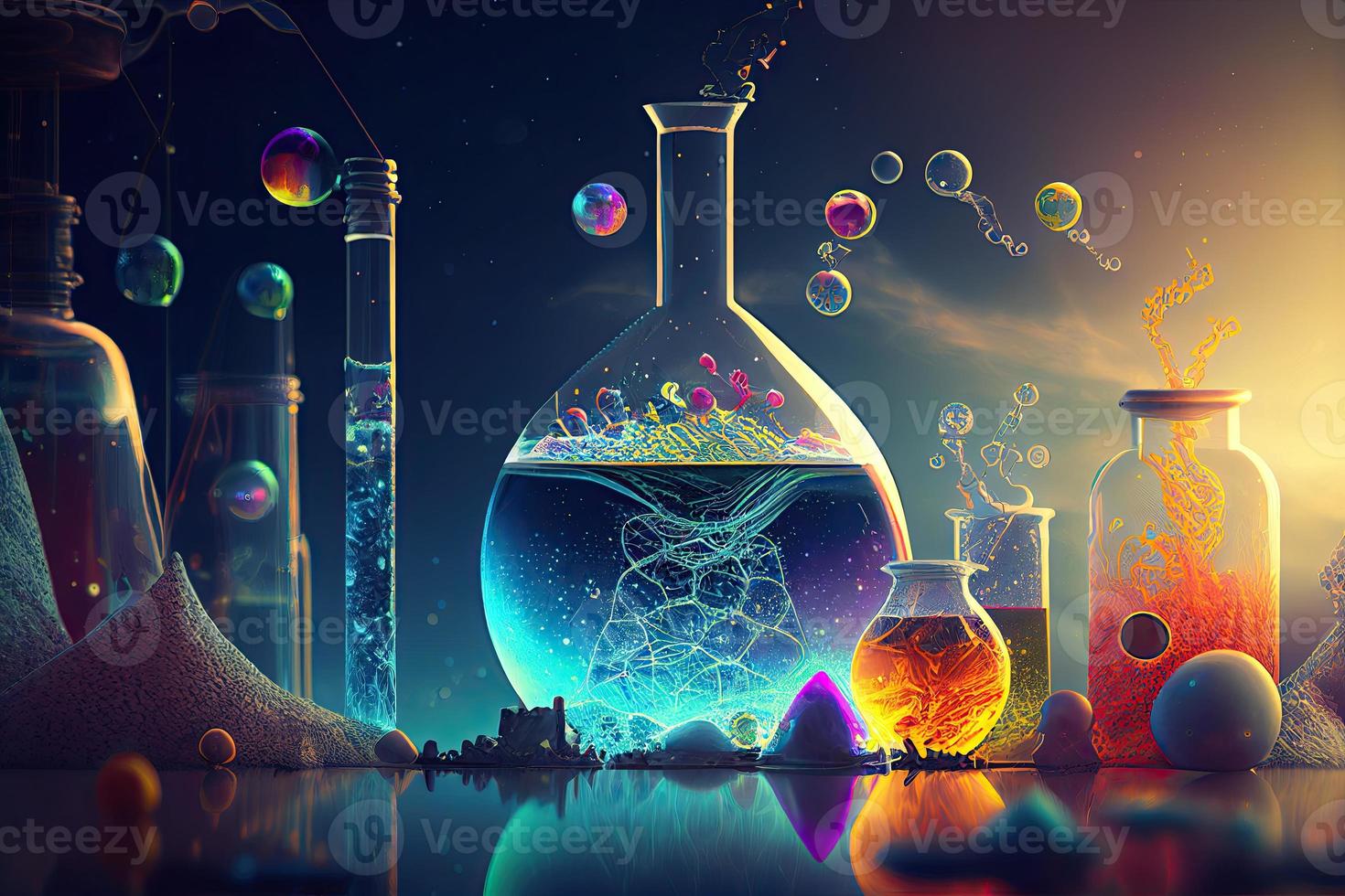 Science background illustration, scientific design. Flasks, glass and chemistry, physics elements
