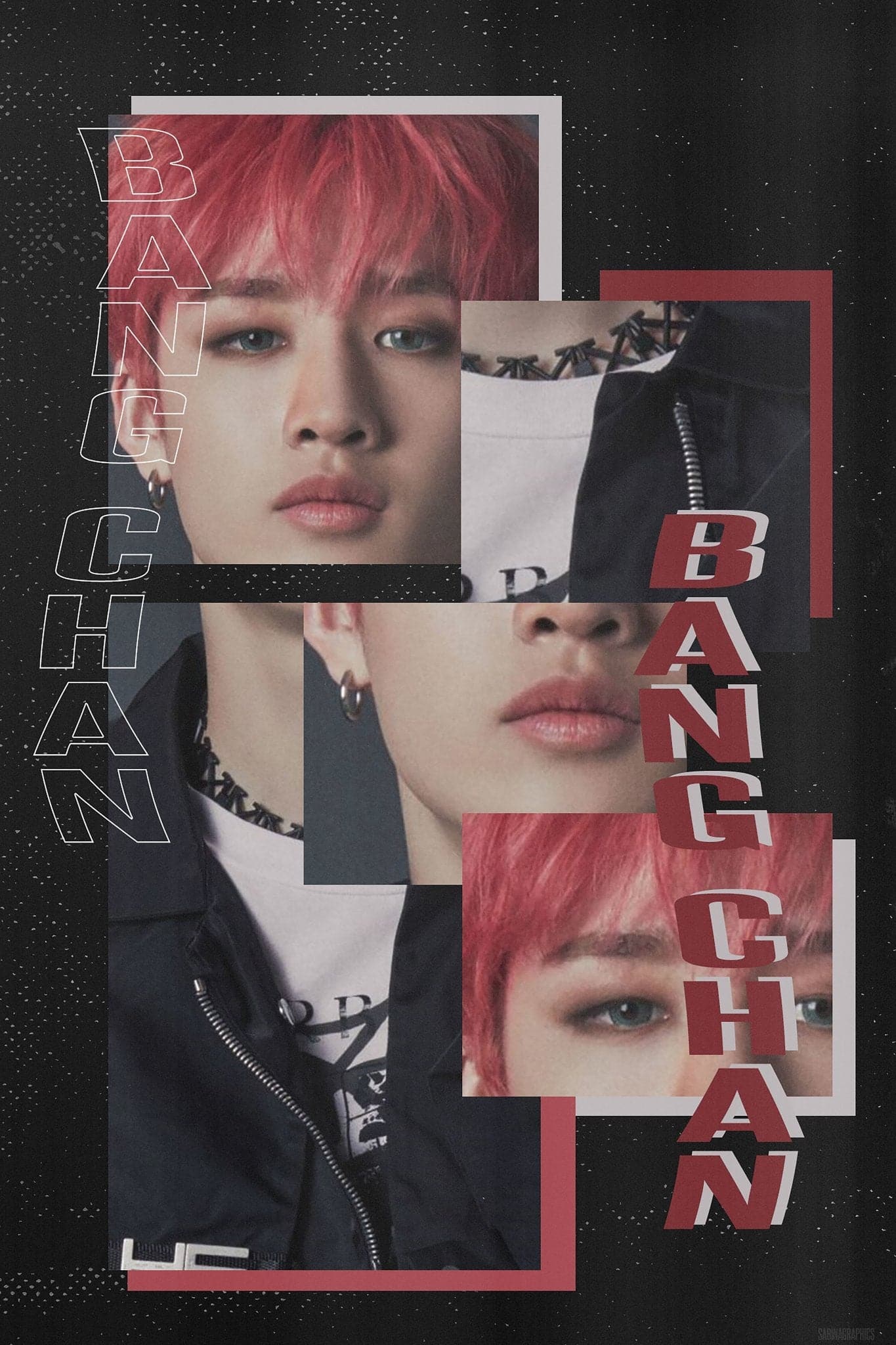 A black background with red and white squares. Each square has a picture of a member of the Bangtan Boys with red hair and bangs. - Bang Chan