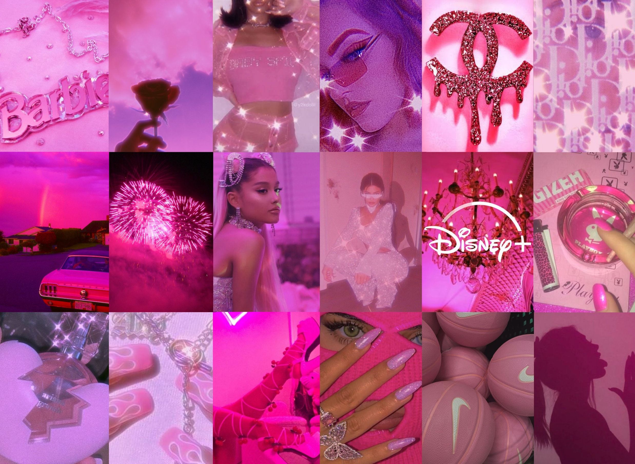 Aesthetic pink wallpaper collage of photos of ariana grande, disney, and nike. - Nails
