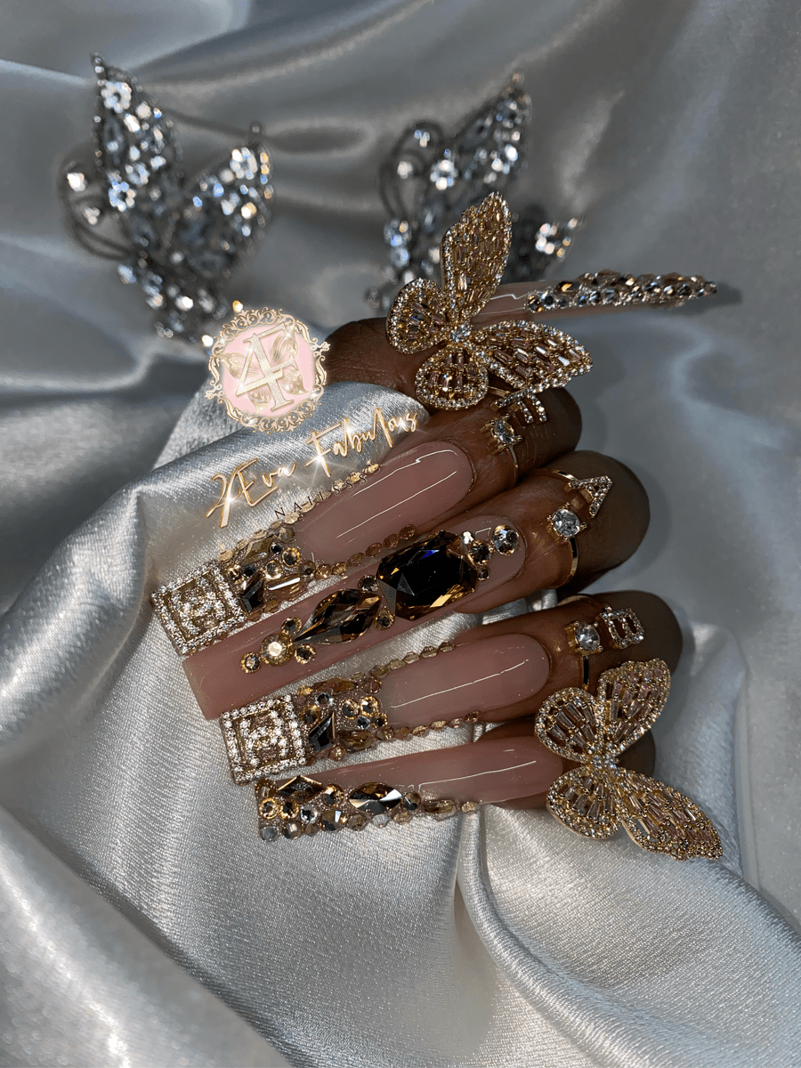 Custom acrylic nails with Swarovski crystals, 3D butterfly, and a custom rhinestone press on nail set. - Nails