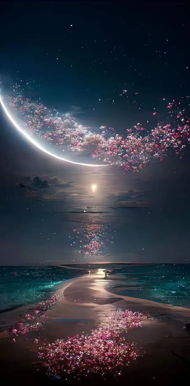 A beautiful night sky with a full moon and pink petals floating in the air. - Bling