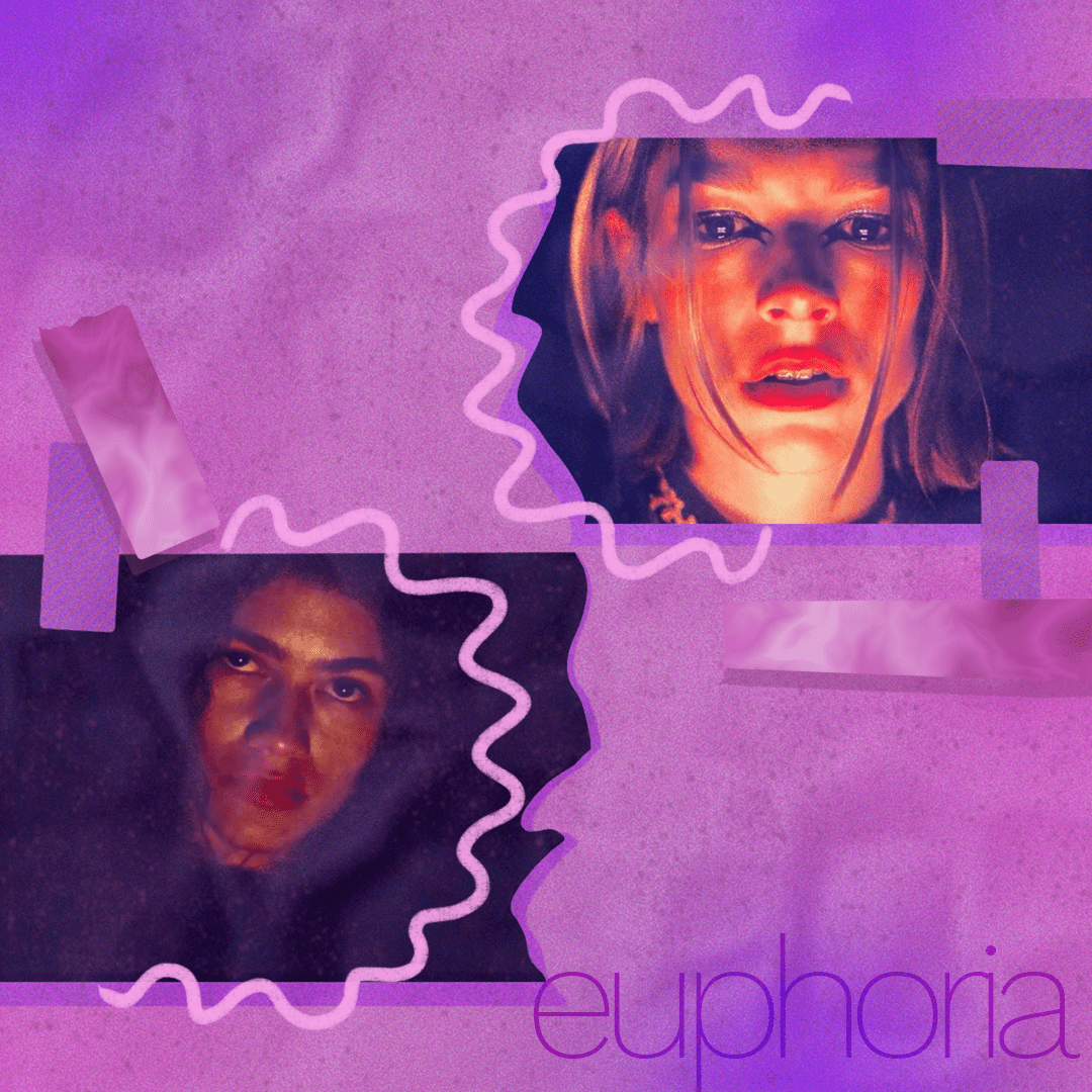 Two faces of a woman, one smiling and one crying, are taped to a purple background. - Euphoria