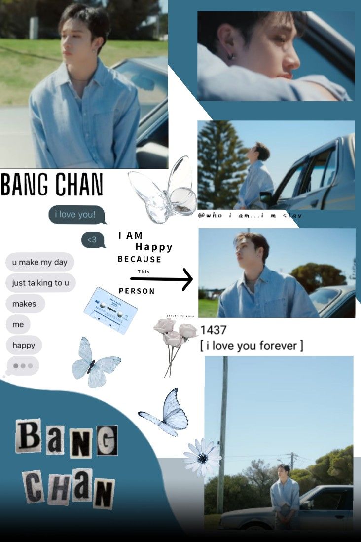 A collage of Bang Chan from Stray Kids with butterfly graphics and the words 