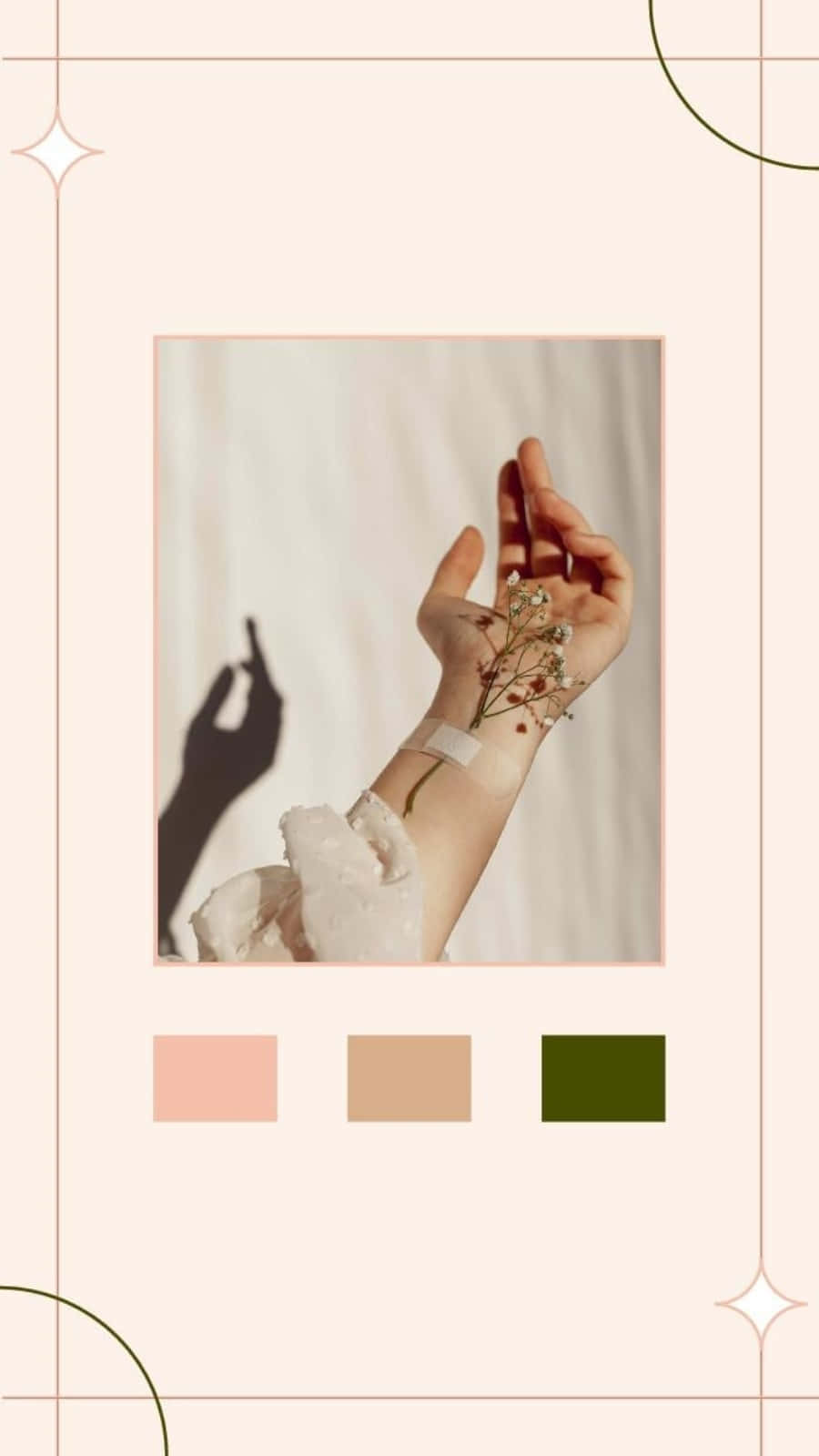 A woman's arm holding a flower, with a pink, green and brown color palette. - Nails
