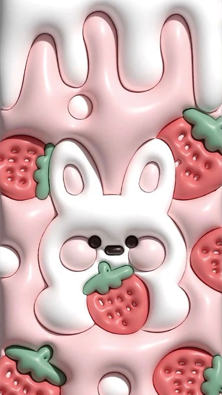A cute pink wallpaper with a bunny eating strawberries - 3D