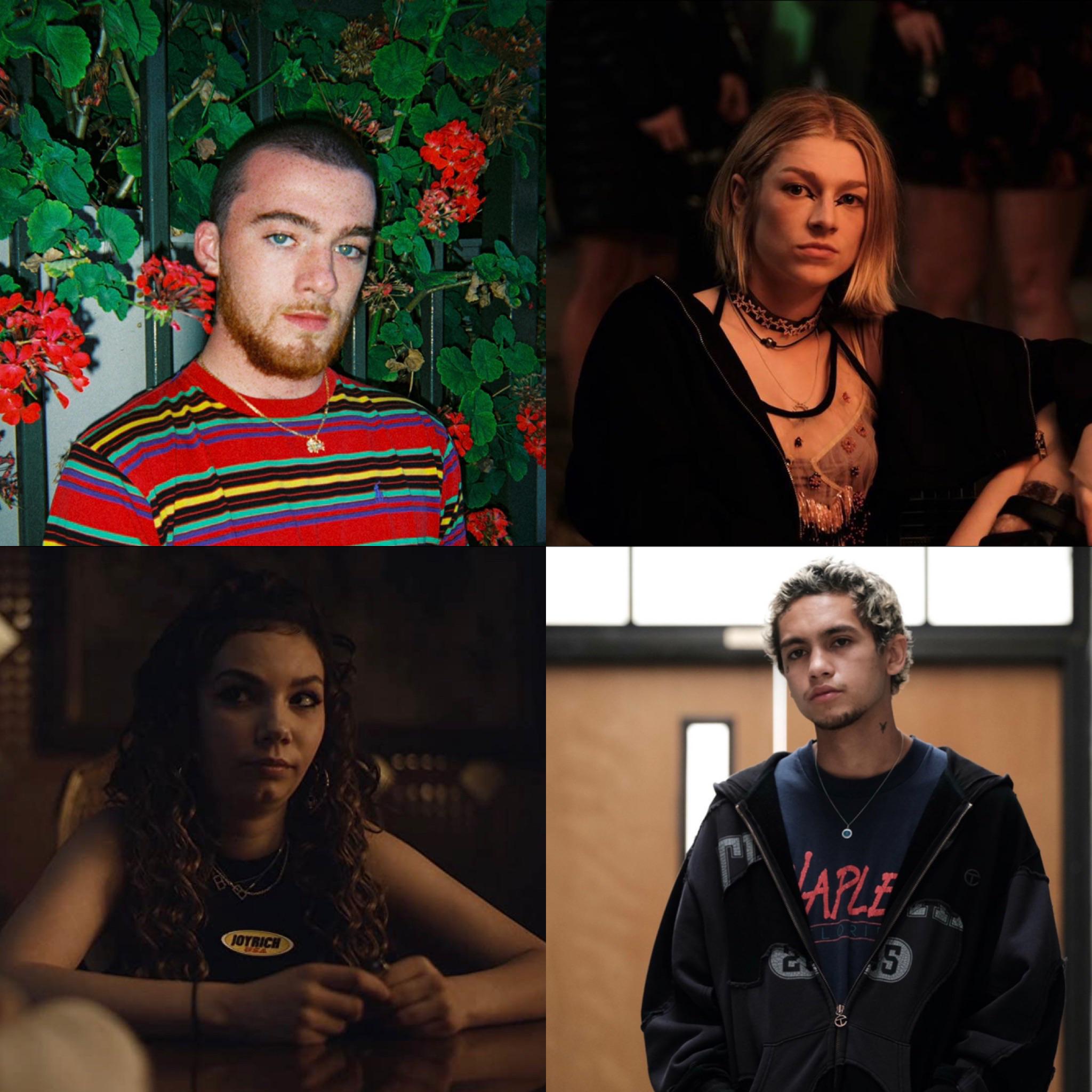 Clockwise from top left: A young man with a beard and a colorful striped shirt; a young woman with blonde hair and a black top; a young man with a curly hair and a black hoodie; a young woman with curly hair and a striped shirt. - Angus Cloud