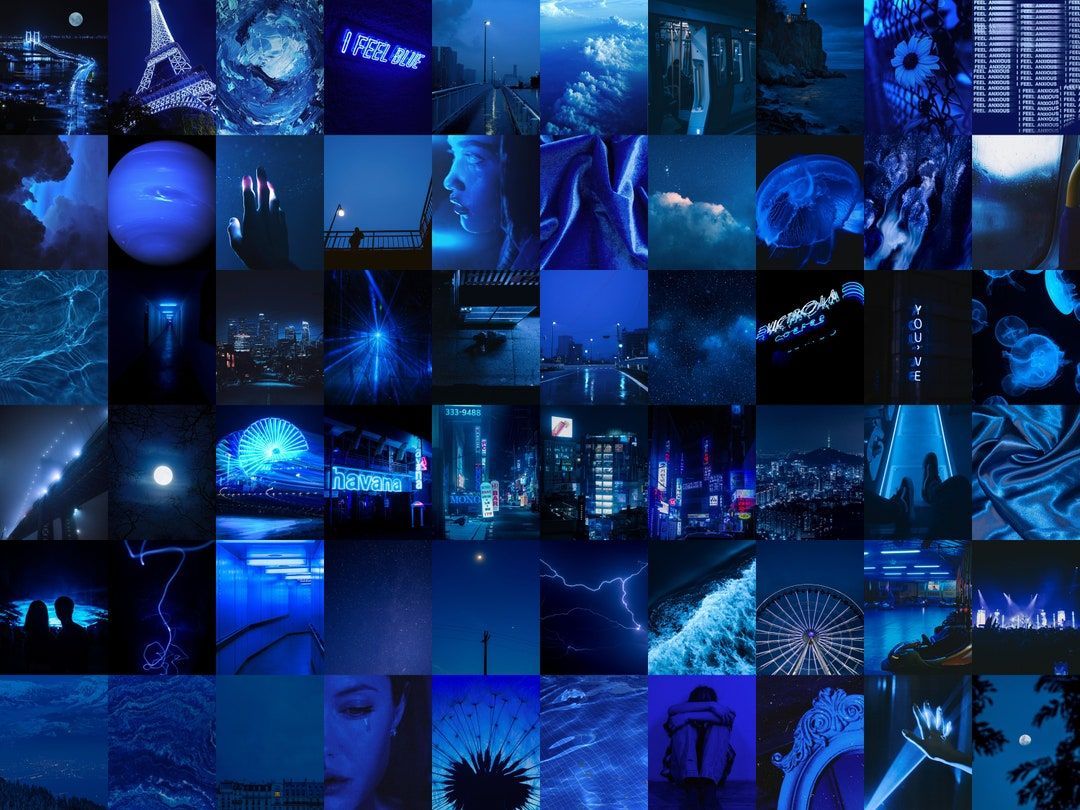Blue aesthetic collage background for desktop wallpaper. - Dark blue, navy blue