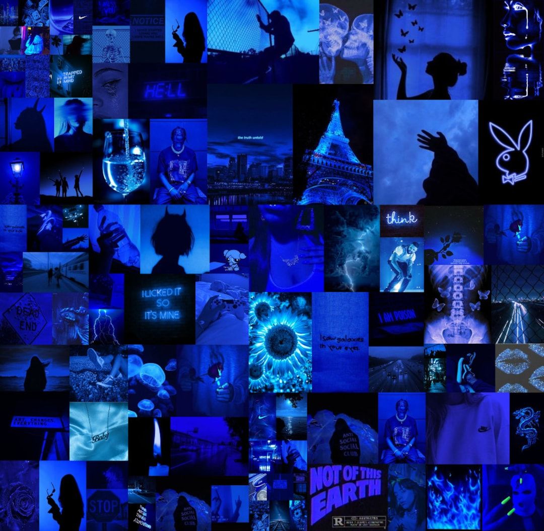 A blue aesthetic background with various pictures - Dark blue