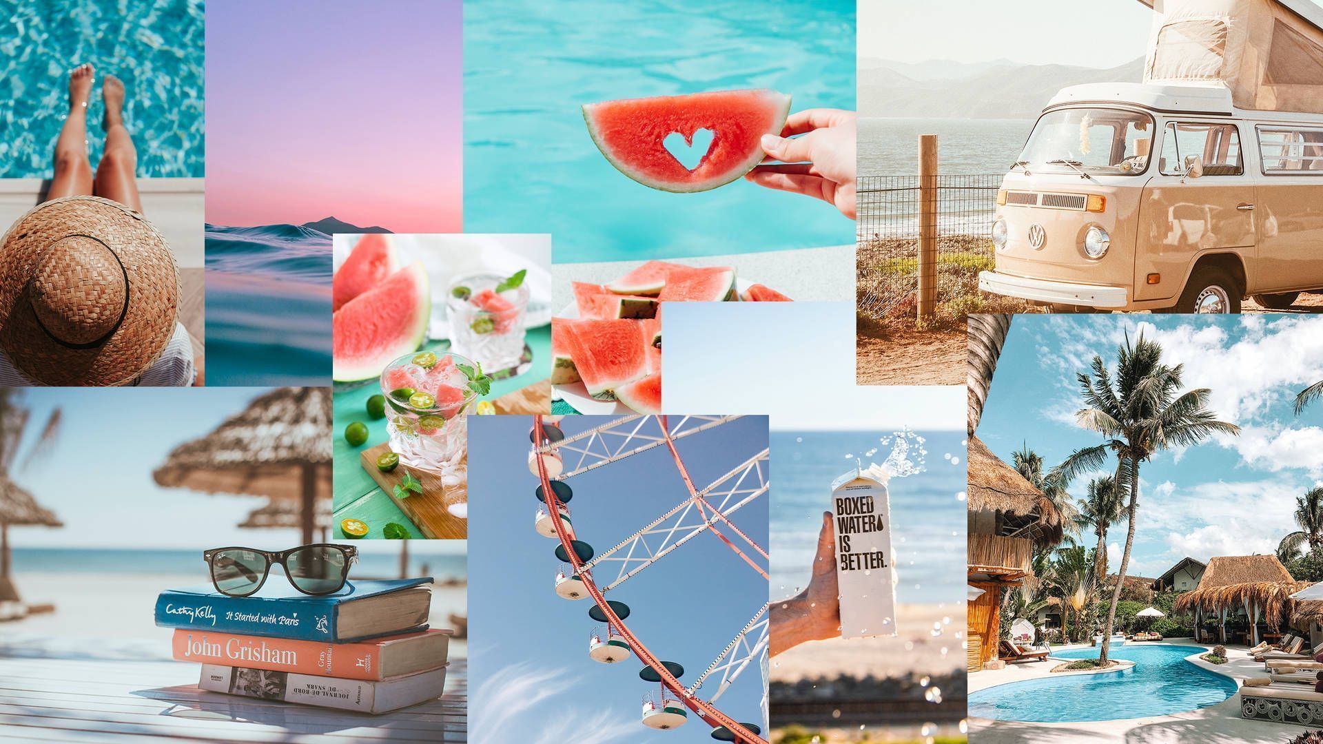 A collage of travel photos including watermelon, a ferris wheel, a beach, and a van. - Summer