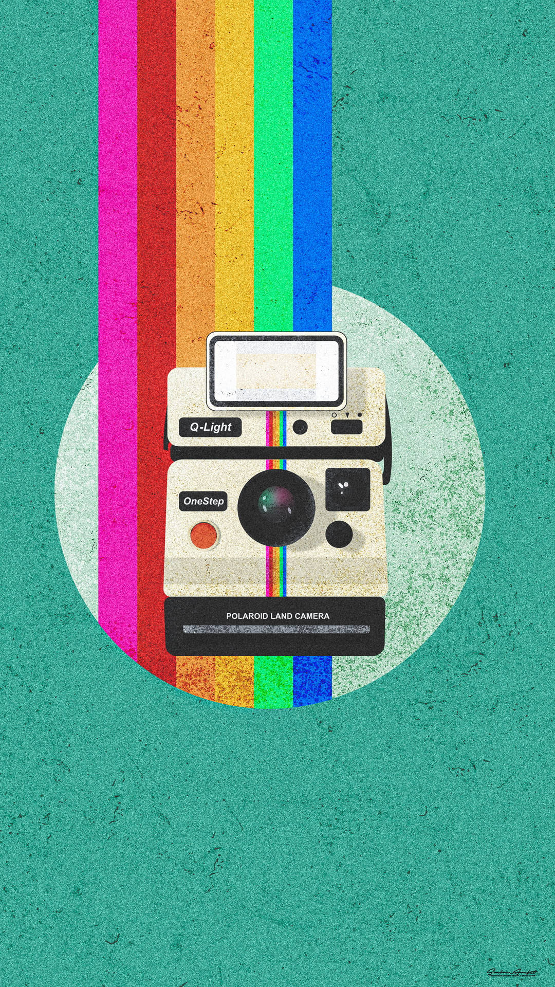 A polaroid camera with rainbow stripes behind it - Polaroid