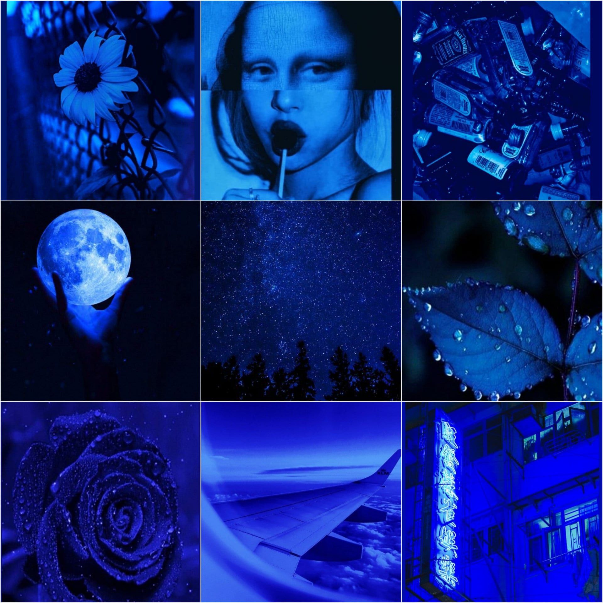 Aesthetic collage of blue images including the moon, flowers, and a cityscape - Dark blue, navy blue