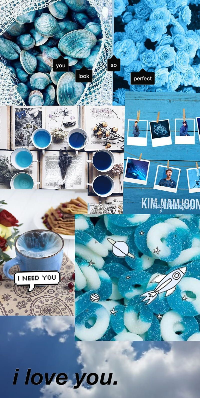 Blue aesthetic wallpaper, polaroids of kim namjoon, seashells and roses, blue food and cup, i love you note - Dark blue, navy blue