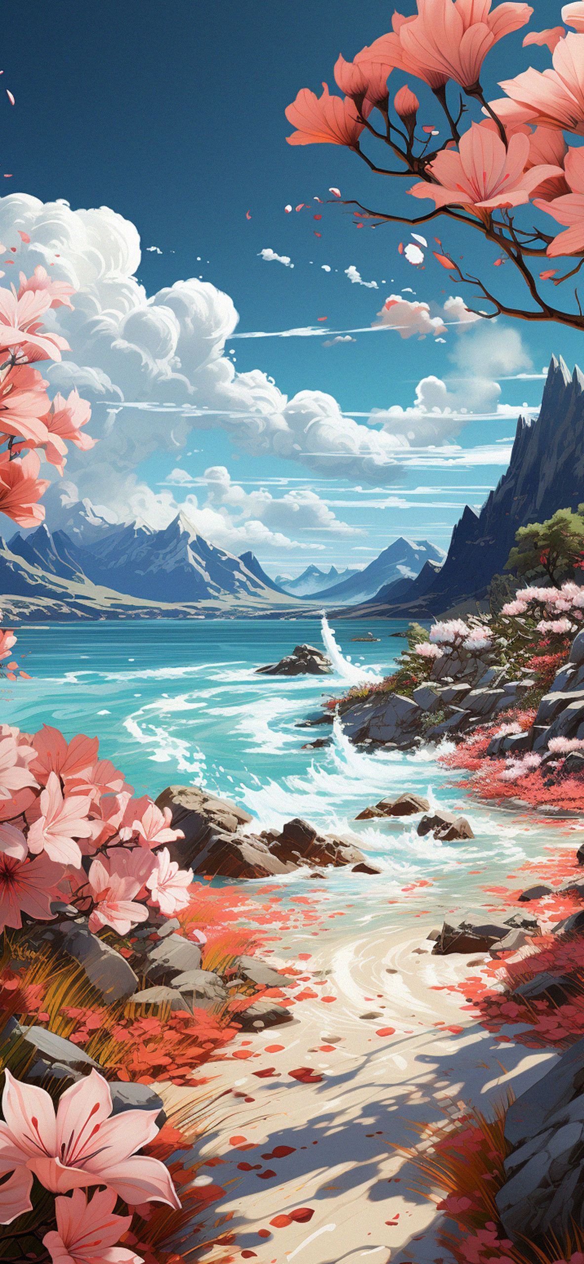 Aesthetic wallpaper phone, anime scenery, cherry blossoms, river, mountains, anime scenery, 1242x2688, 1080x2340, 2160x3840 - Summer