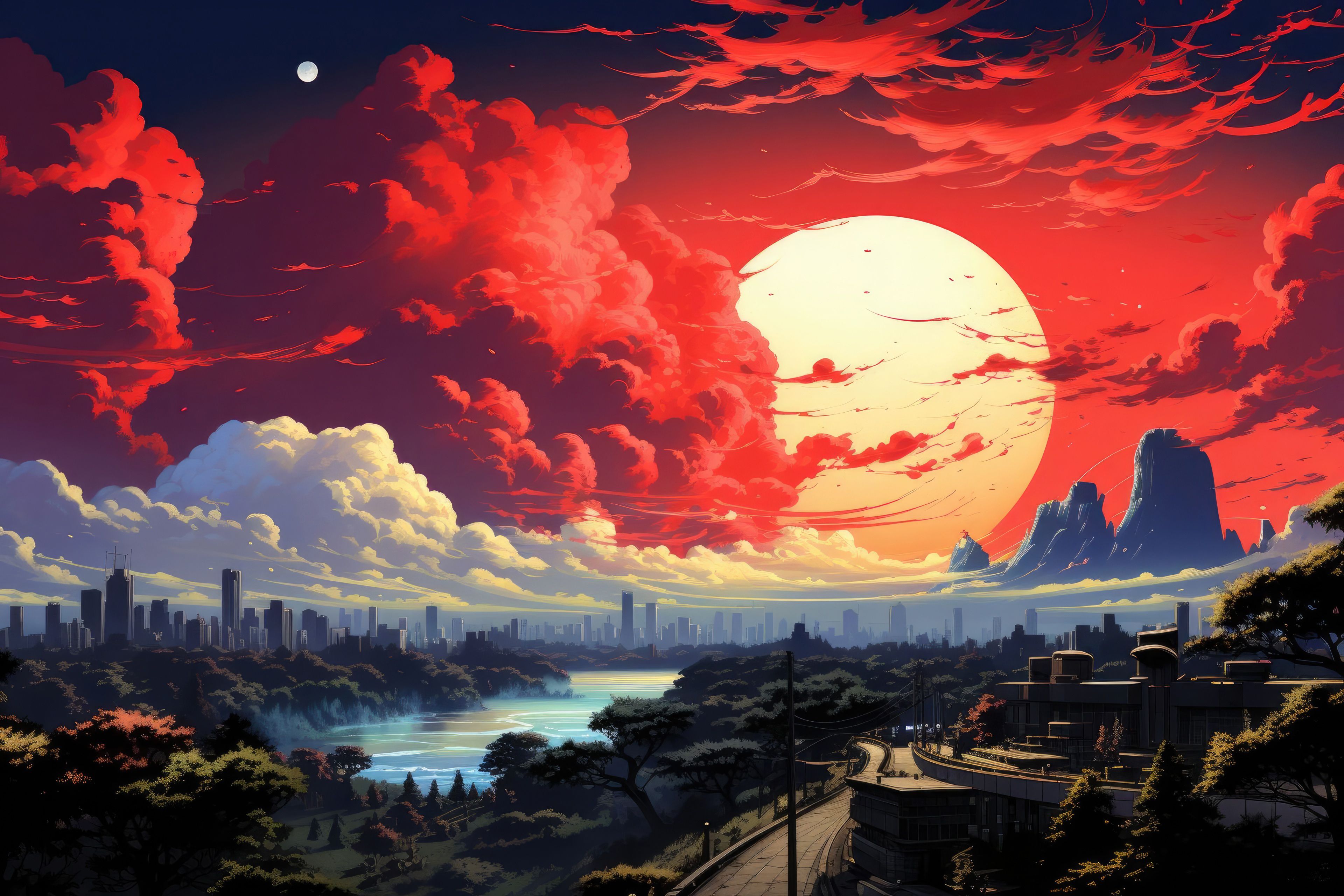 The picture shows a beautiful red sky at sunset, with a large moon in the middle of the sky, the city under the moonlight, and the river flowing through the forest. - Cityscape