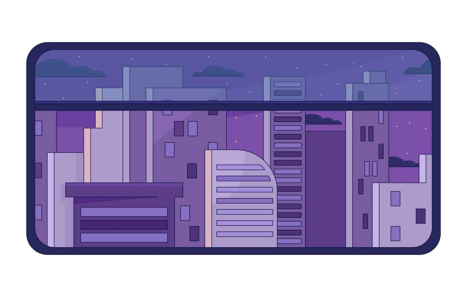 City residential buildings chill lo fi background. Skyscraper. Starry night 2D vector cartoon cityscape illustration, purple lofi wallpaper desktop. Sunset aesthetic 90s retro art, dreamy vibes