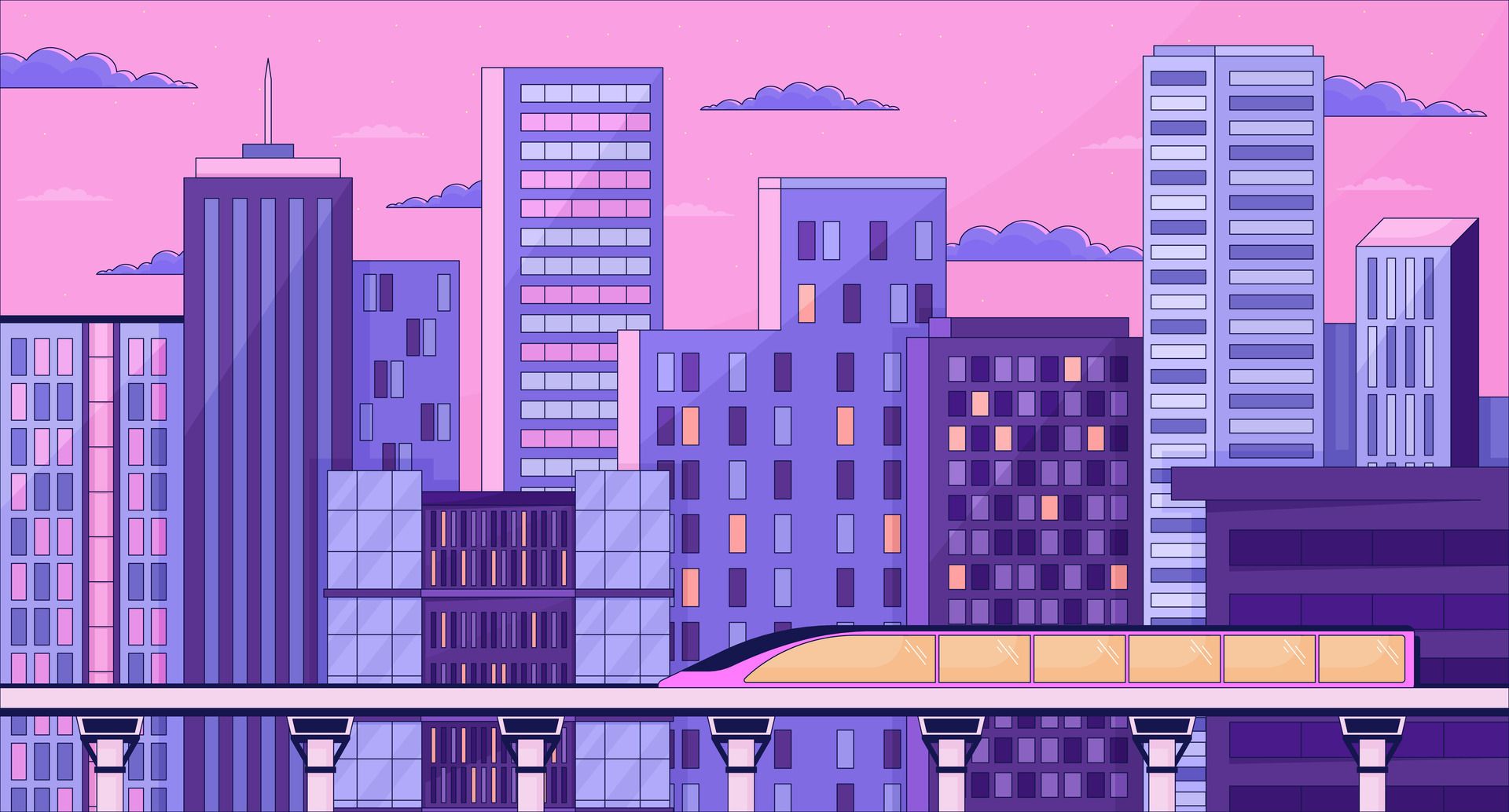 Bullet train night skyscrapers lo fi aesthetic wallpaper. Highrise buildings twilight, railway train 2D vector cartoon cityscape illustration, purple lofi background. 90s retro album art, chill vibes. - Cityscape, lo fi, skyline