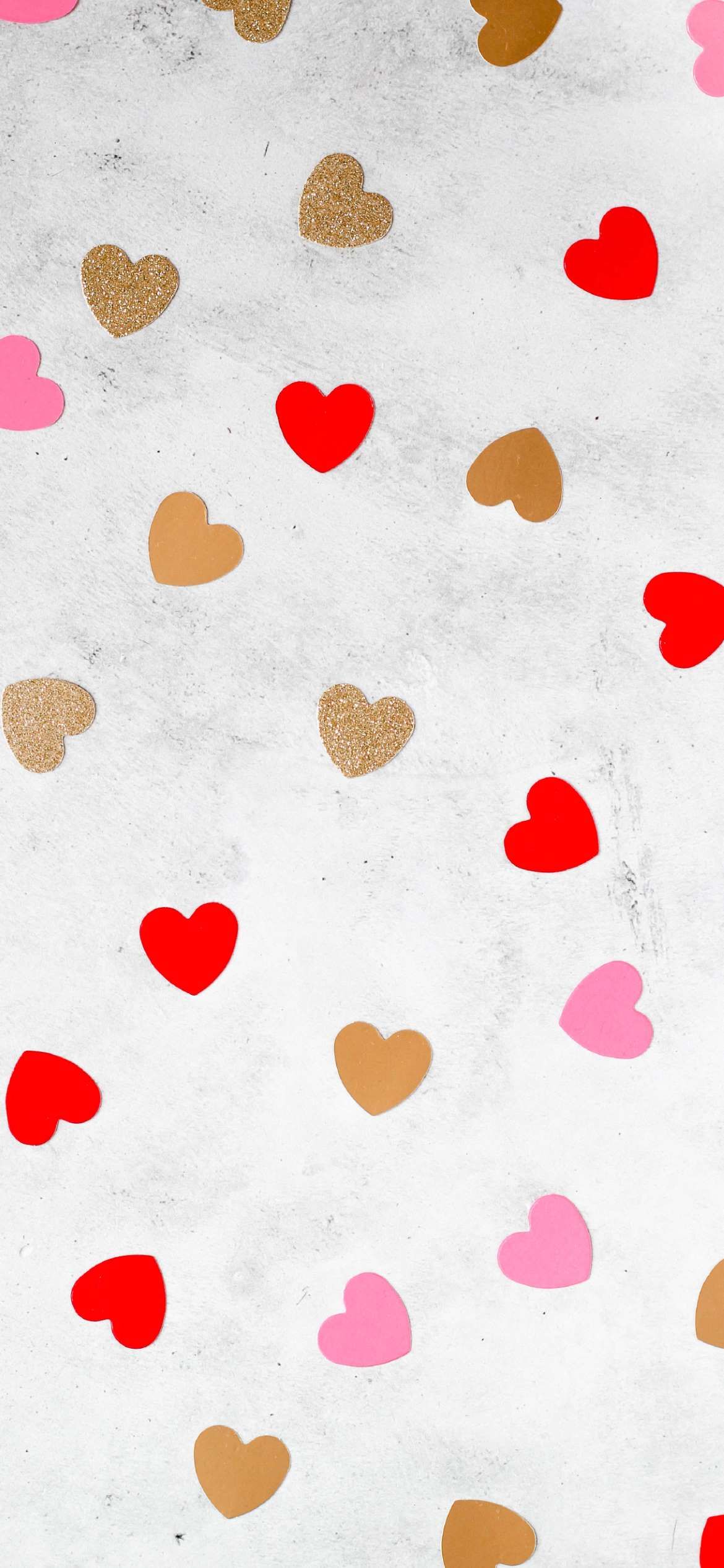 A Valentine's Day phone wallpaper with red, pink, and gold glitter hearts on a white background. - Valentine's Day, pink heart, heart