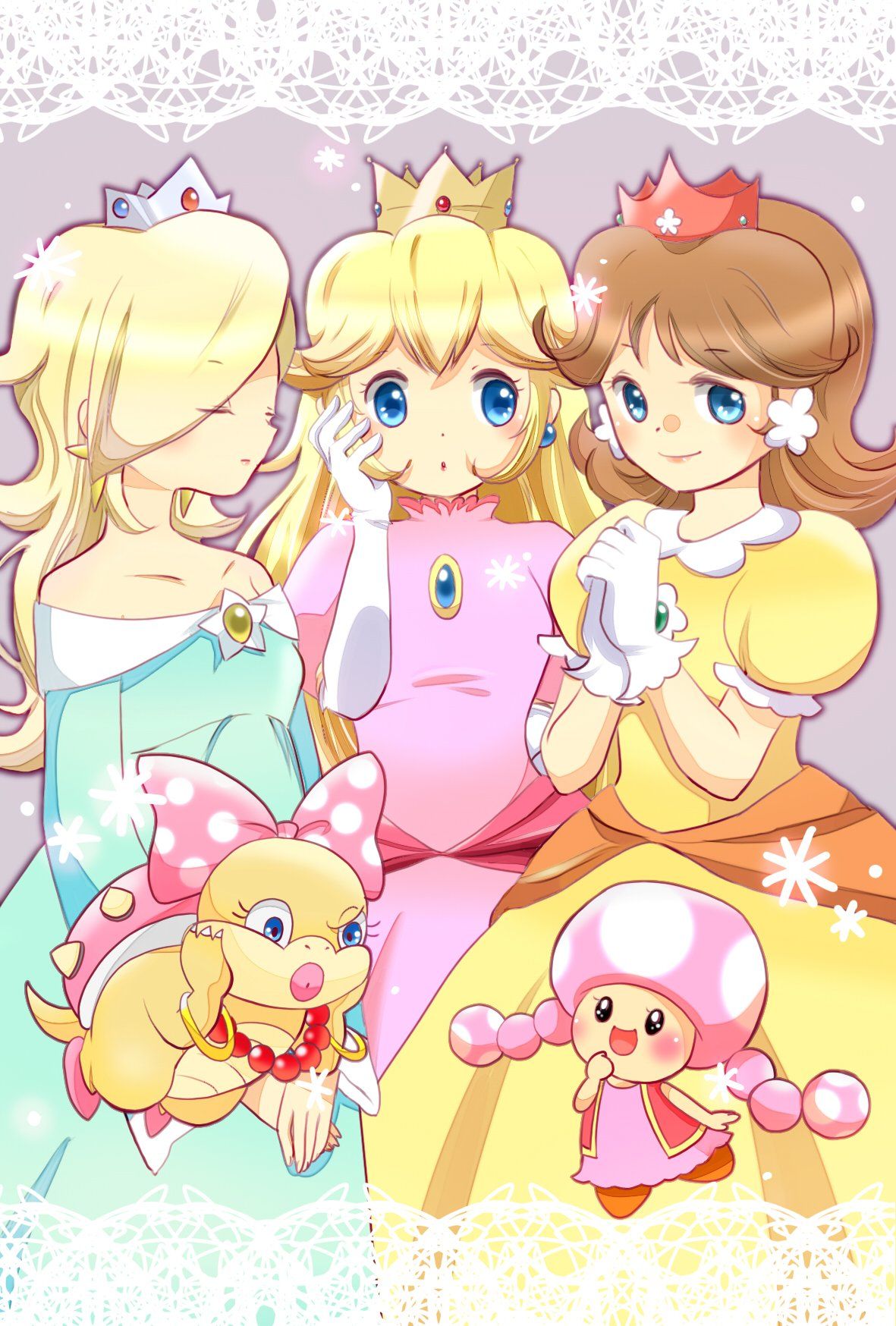 Peach, Daisy, and Rosalina are all holding a baby mushroom - Princess Peach