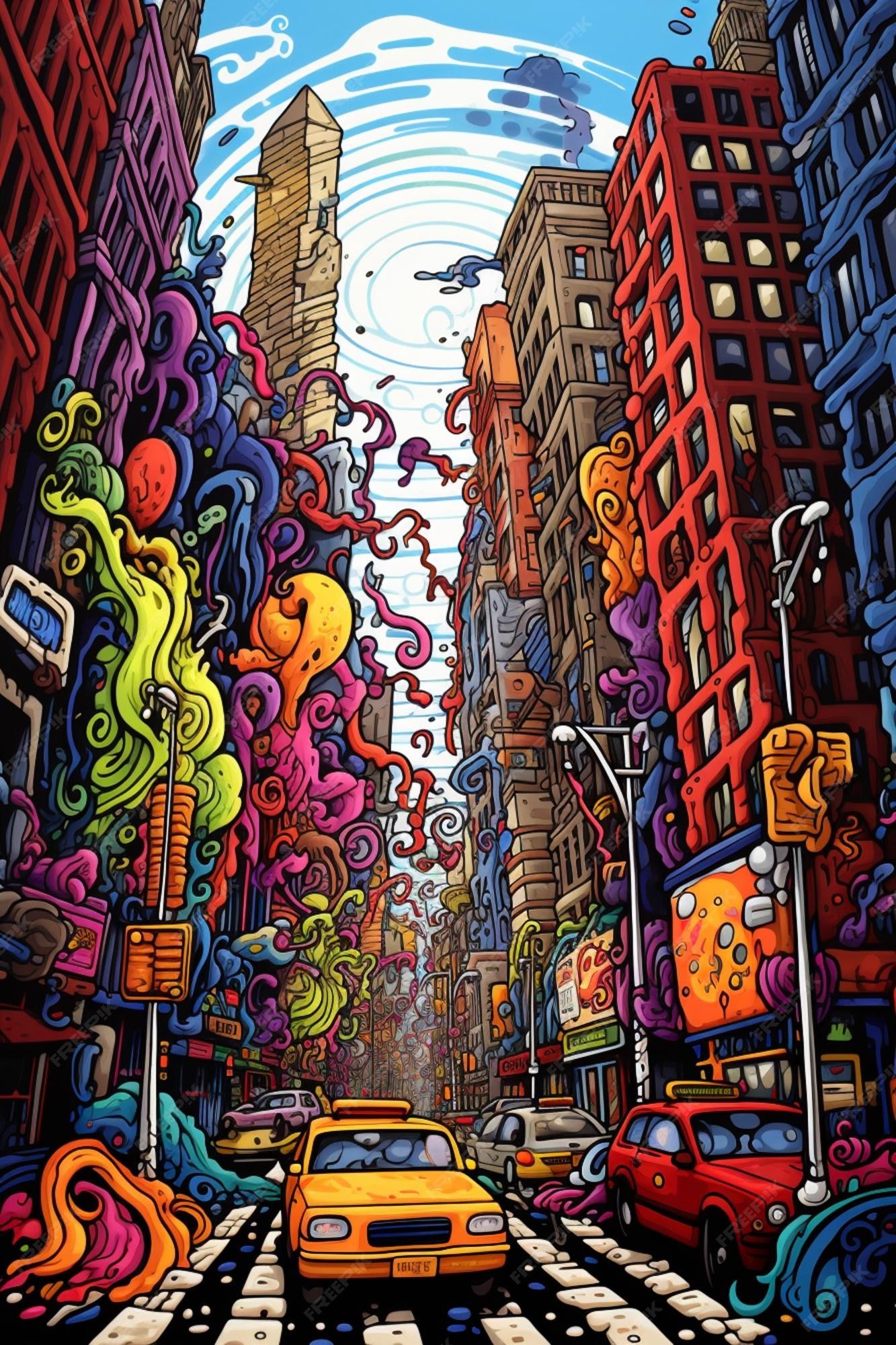 A digital drawing of a street in New York City with tall buildings and taxis. - Street art