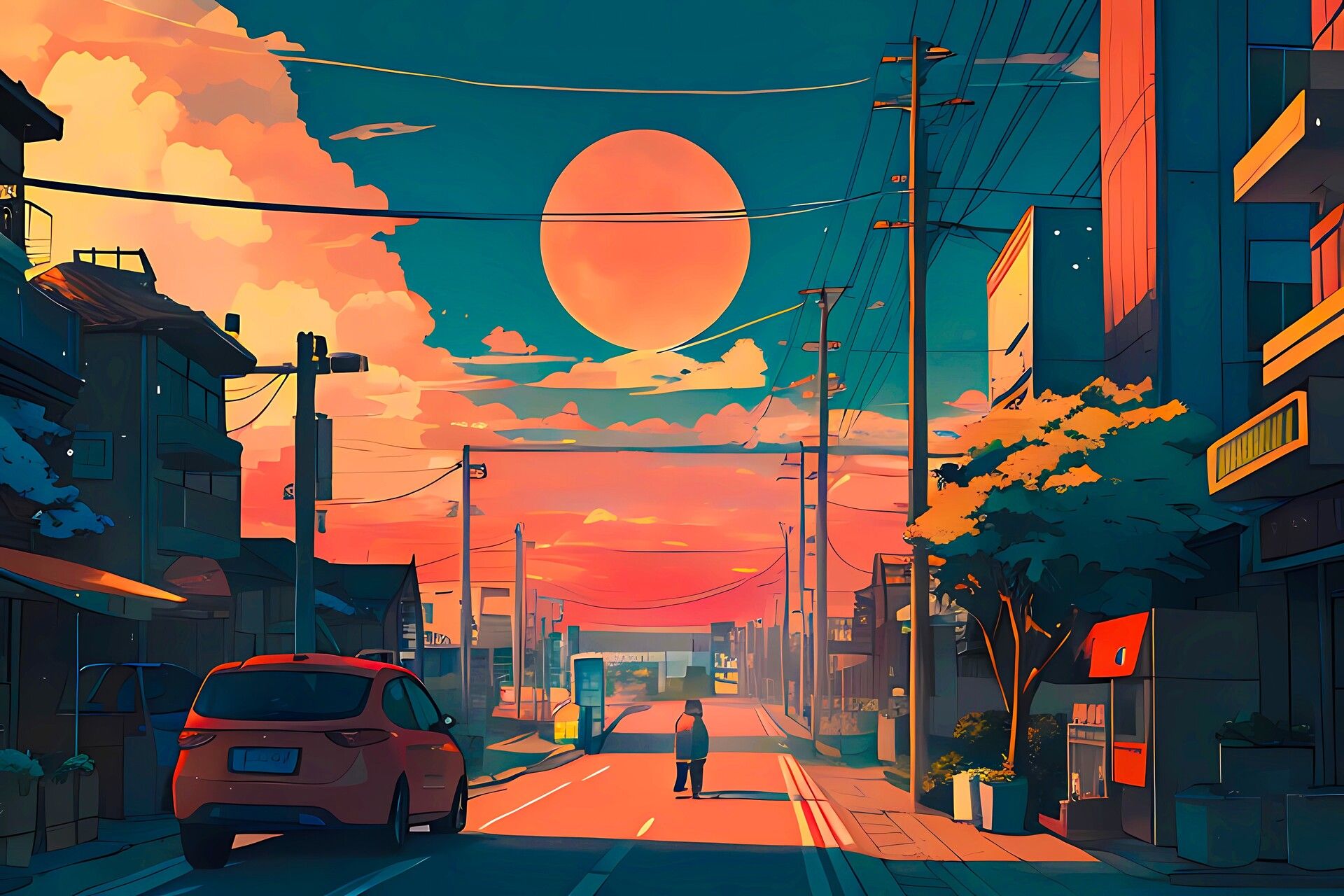 2D Background of a Japanese street at dusk with High Resolution (4K+)