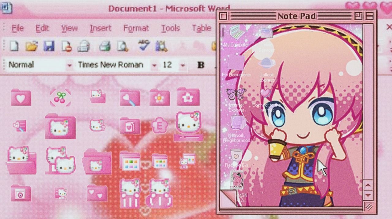 A computer screen with a Hello Kitty theme and a picture of a girl with pink hair. - Webcore